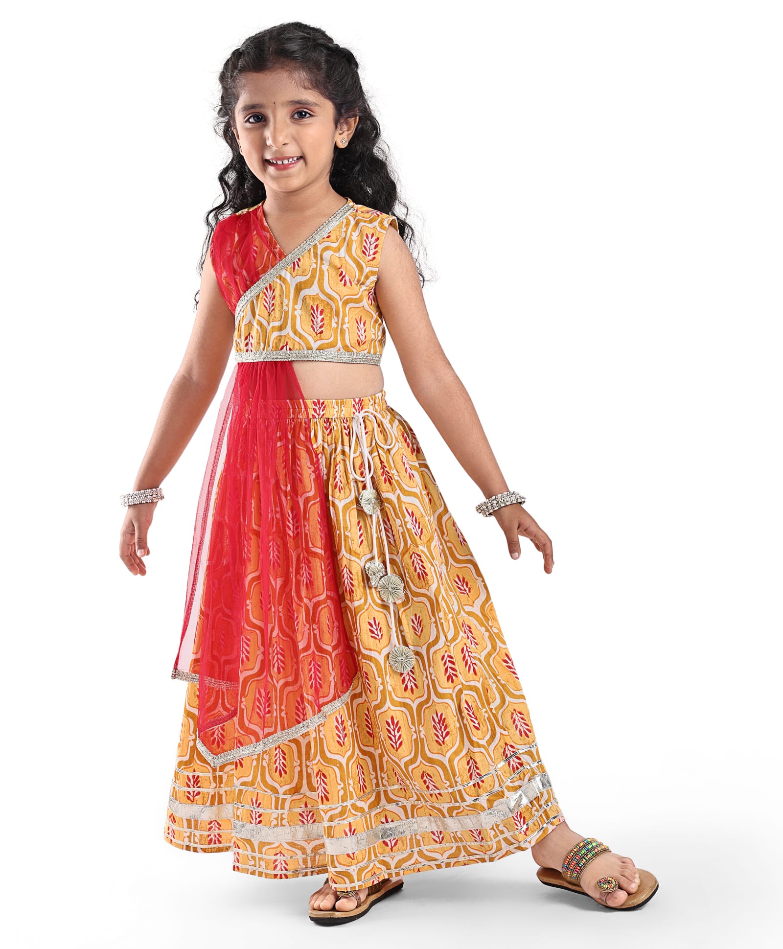 Teentaare Cotton Sleeveless Printed Choli Lehenga Set with Attached Dupatta & Tassle Detailing - Mustard-picture-22