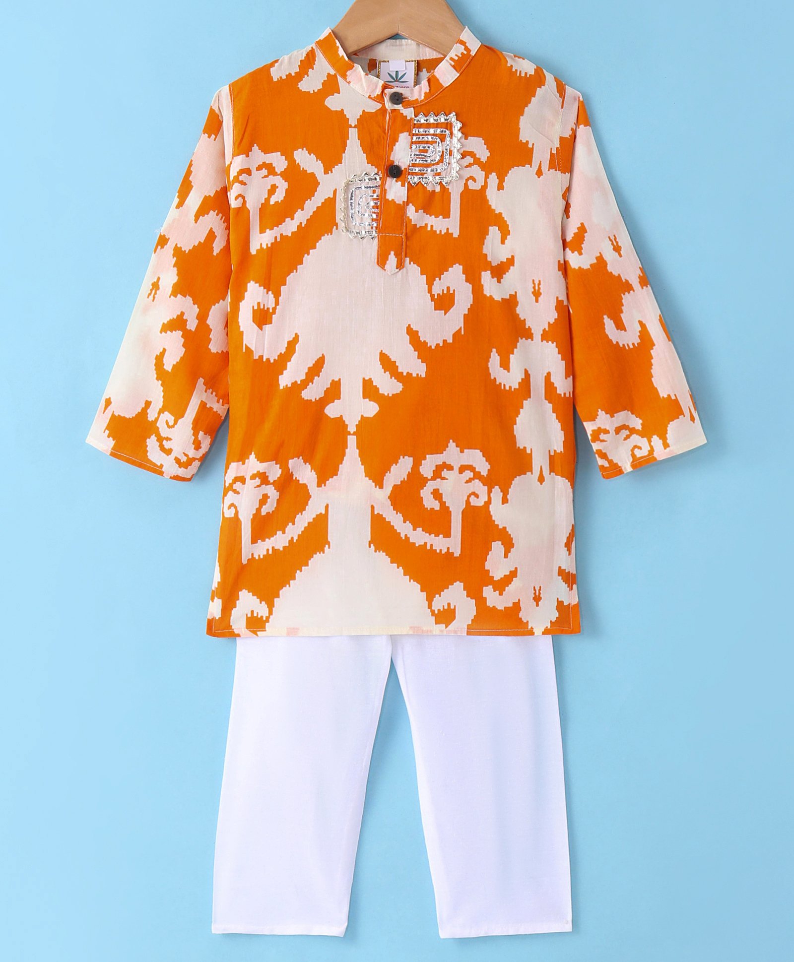 Teentaare Cotton Full Sleeves Printed Kurta Pyjama Set with Lace Detailing - Orange & White-picture-21