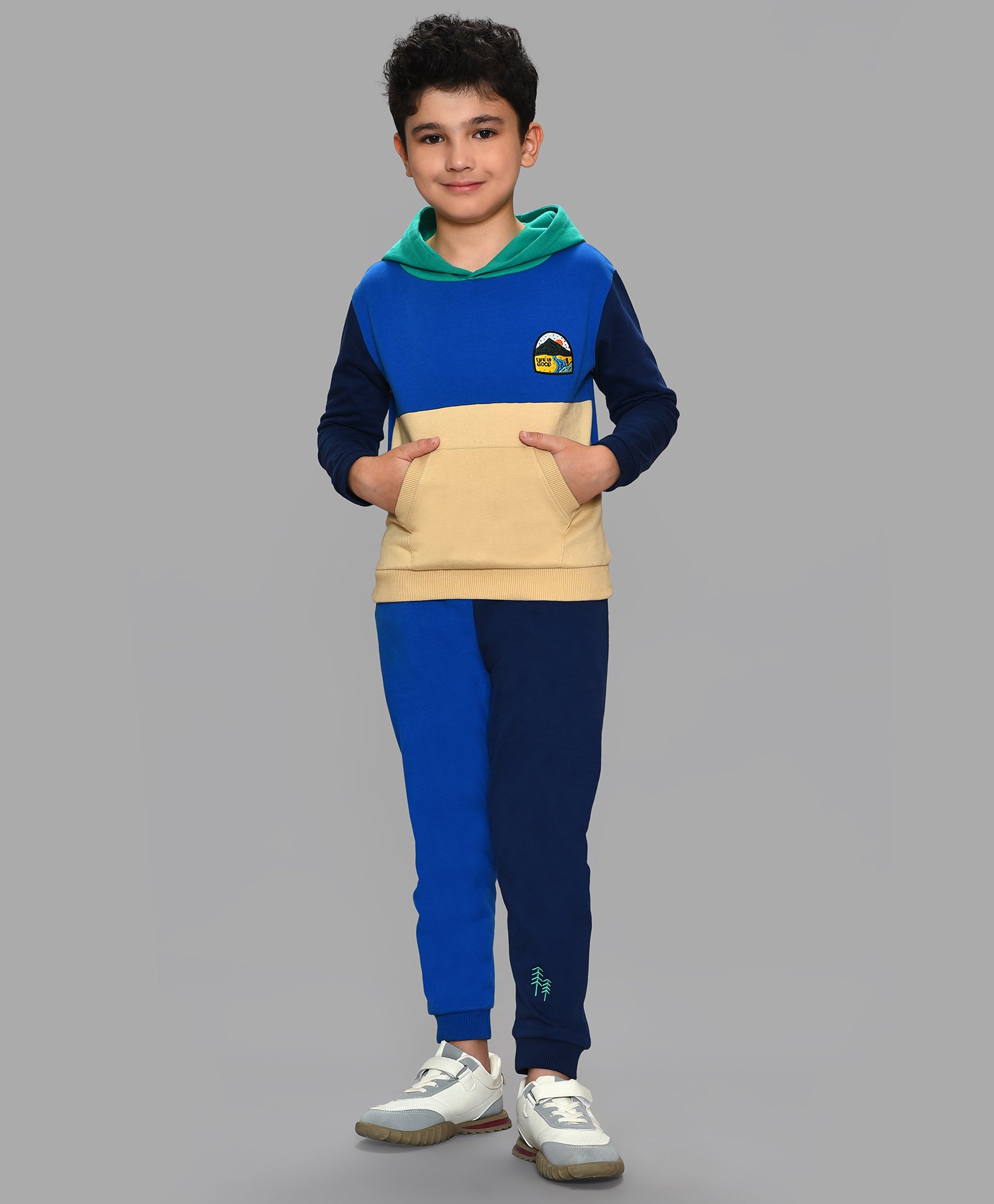 Mi Arcus 100% Cotton Full Sleeves Color Blocked Hooded Sweatshirt & Joggers Set - Blue-picture-28