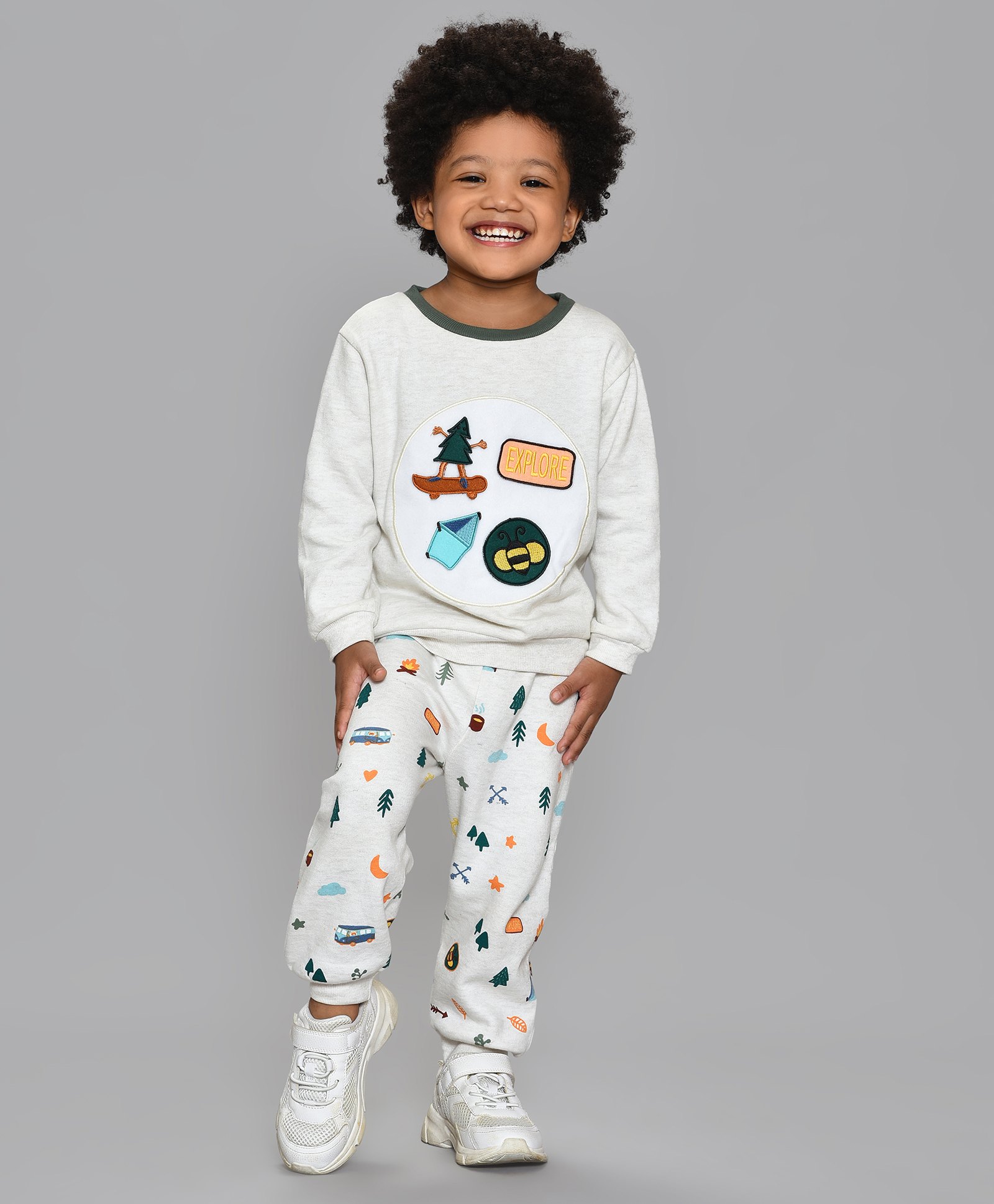 Mi Arcus Full Sleeves Explore Text Embroidered & Tree Printed Sweatshirt With Pajama - Off White-picture-14