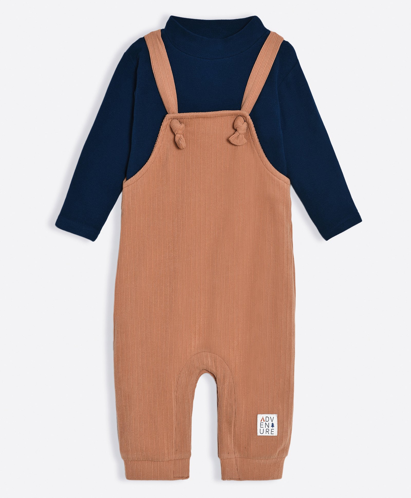 Mi Arcus Full Sleeves Solid Tee & Ribbed Dungaree Set - Brown-picture-14
