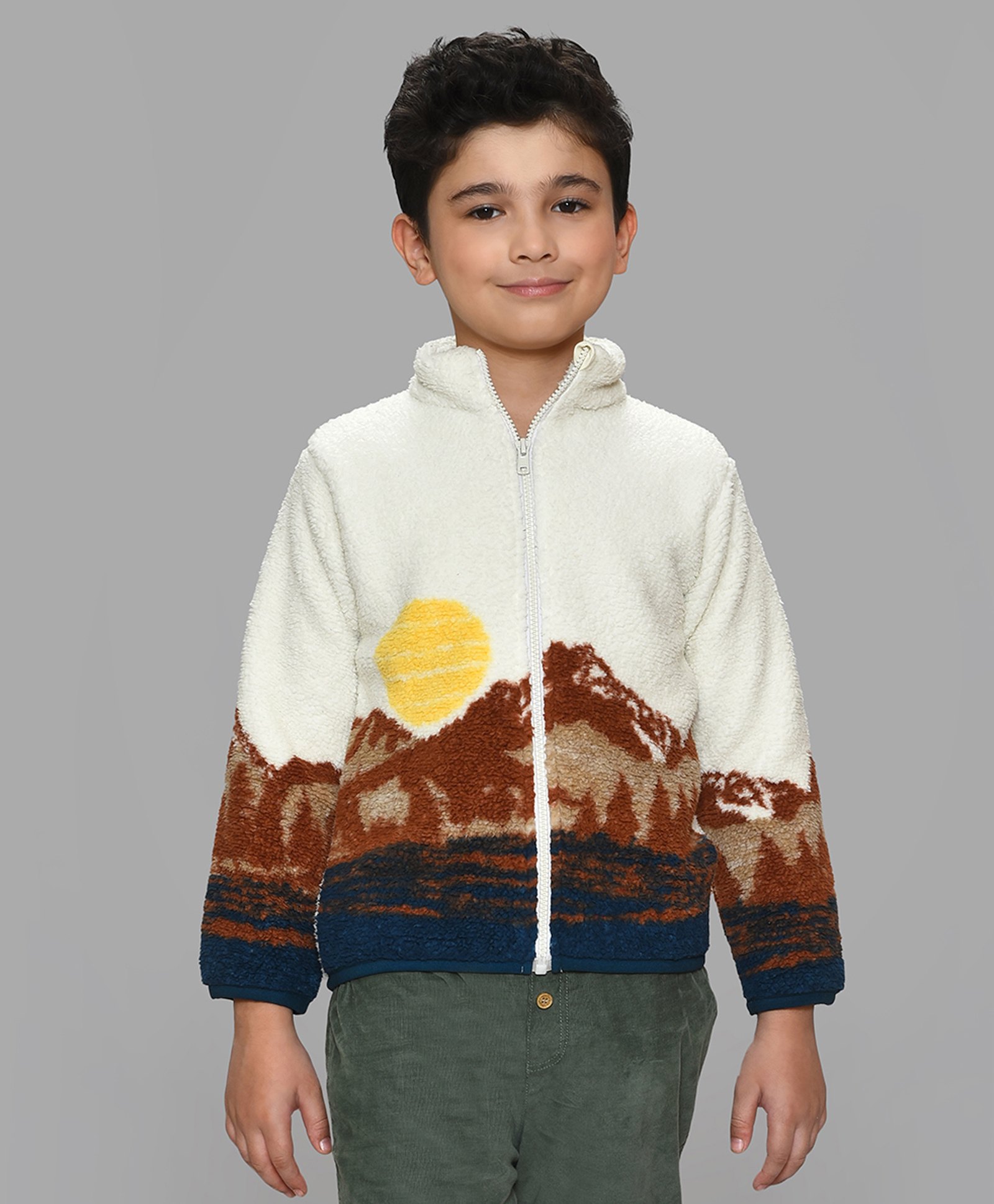 Mi Arcus Full Sleeves  Sun & Mountains Printed Sherpa Jacket - White-image-48