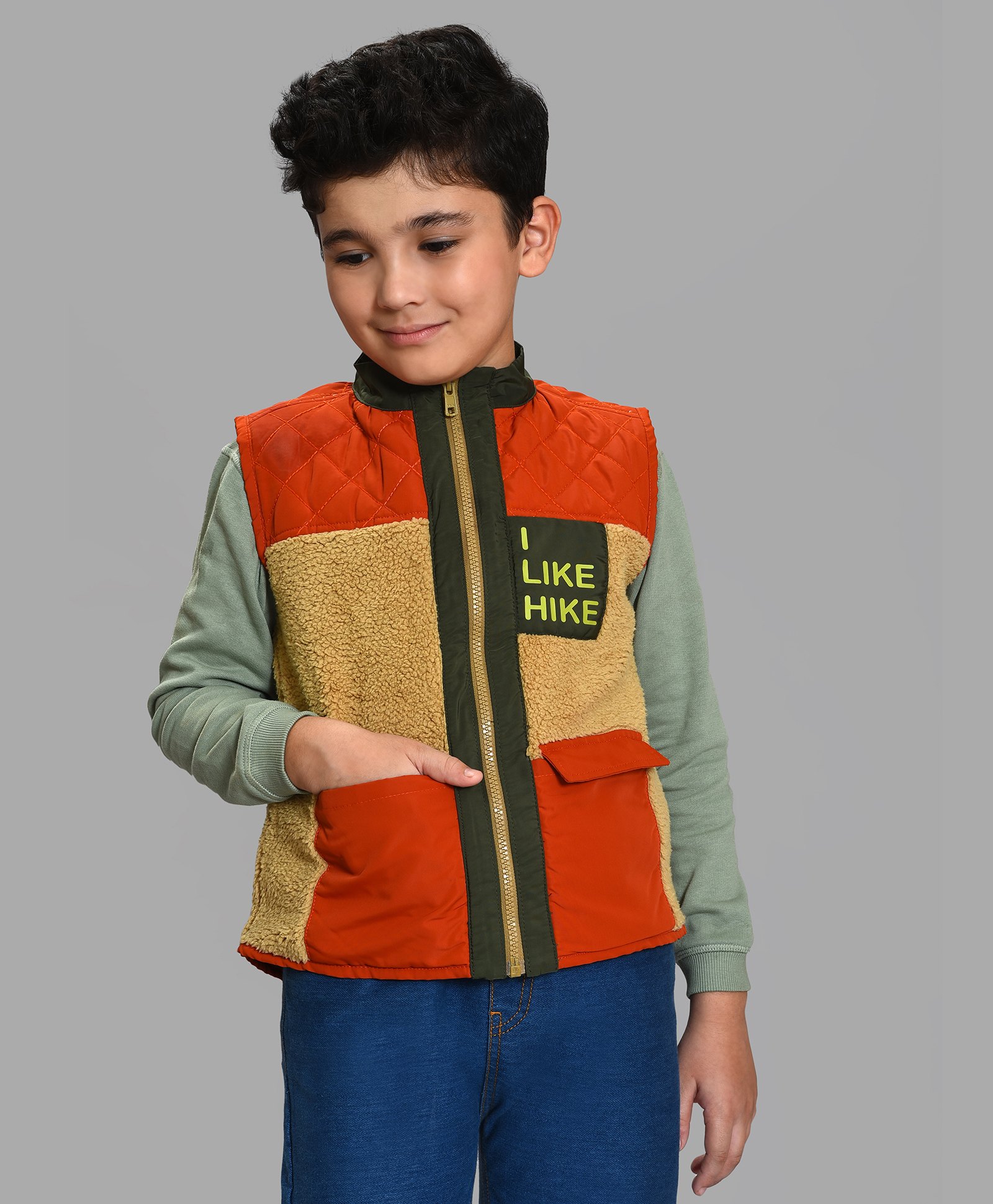 Mi Arcus Sleeveless Color Blocked Jacket  - Orange & Mustard-image-34