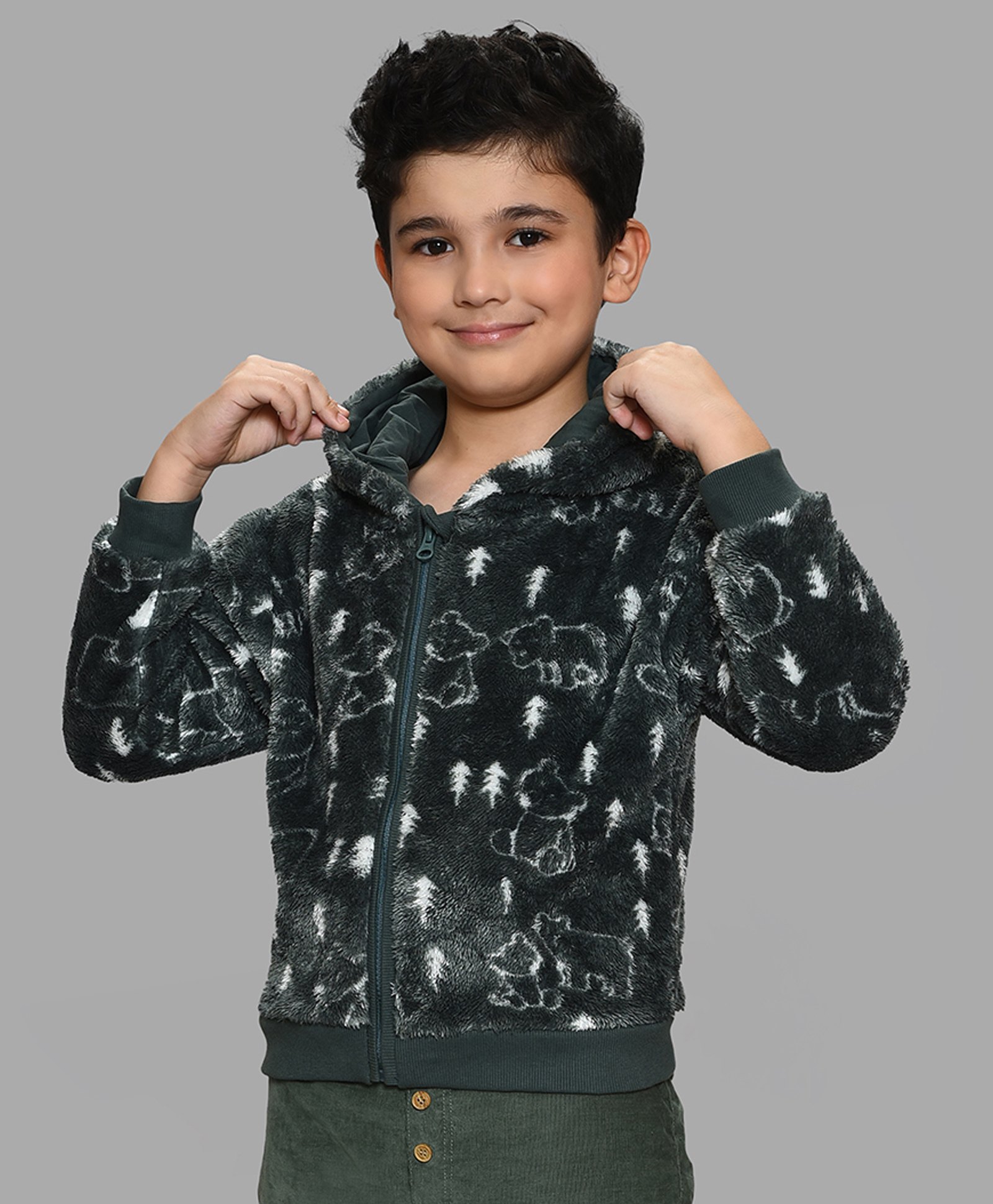 Mi Arcus Full Sleeves Printed Hooded Fur Jacket - Green-picture-16