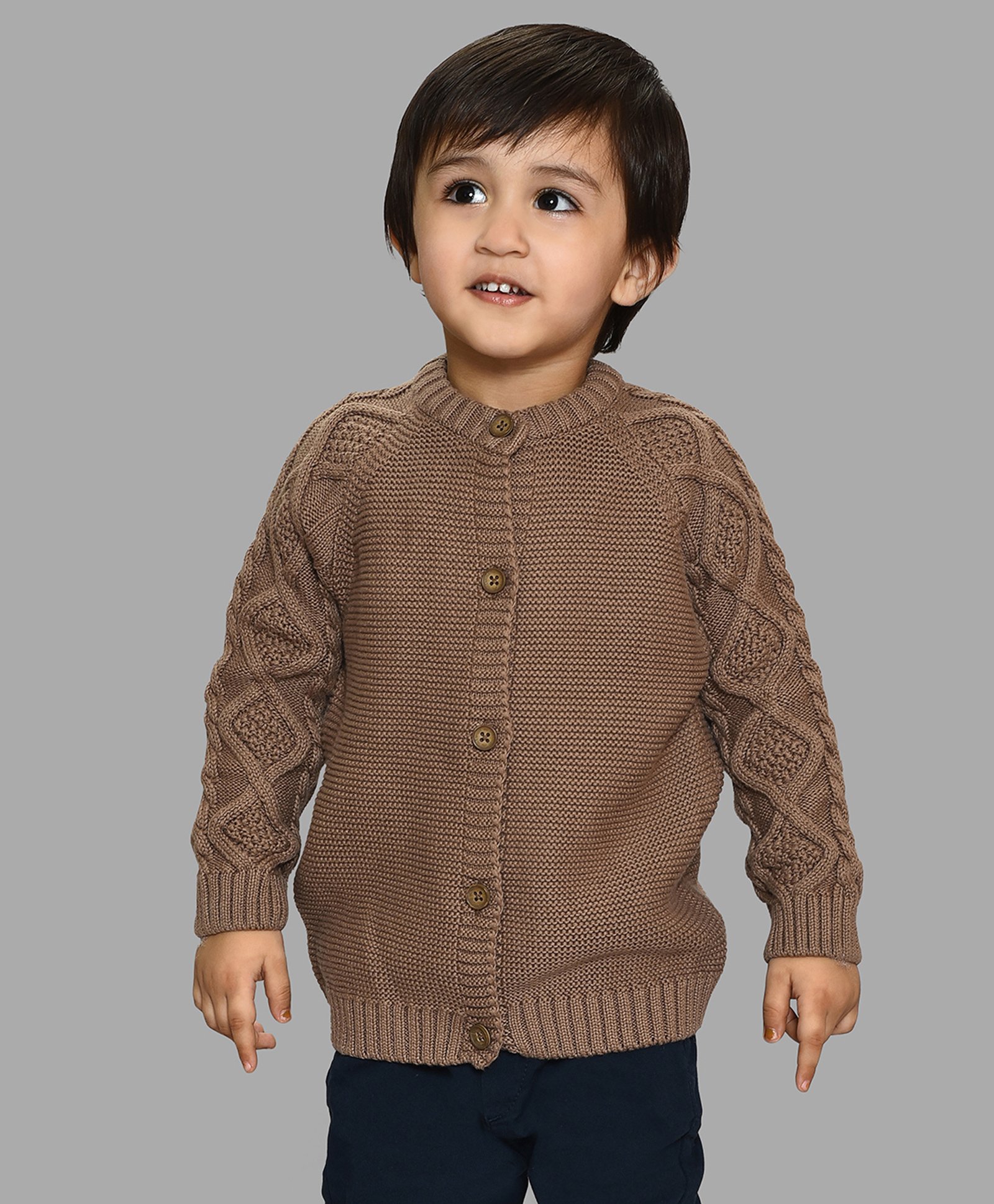 Mi Arcus 100% Cotton Full Sleeves Knitted Cardigan - Brown-image-42