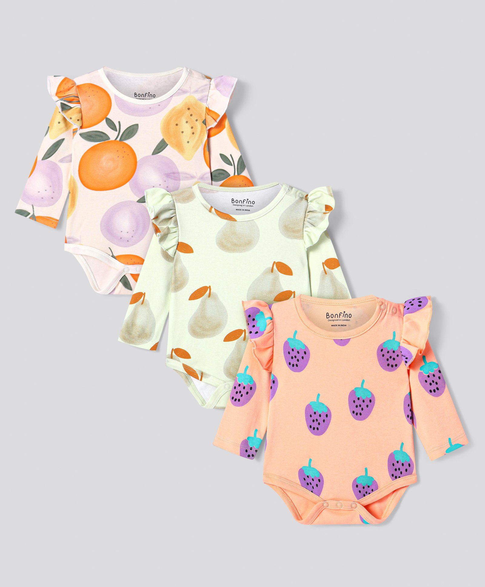 Bonfino 100% Cotton Full Sleeves Onesies With Fruit Print & Frill Detailing Pack Of 3 - Peach Light Green & Purple-picture-17