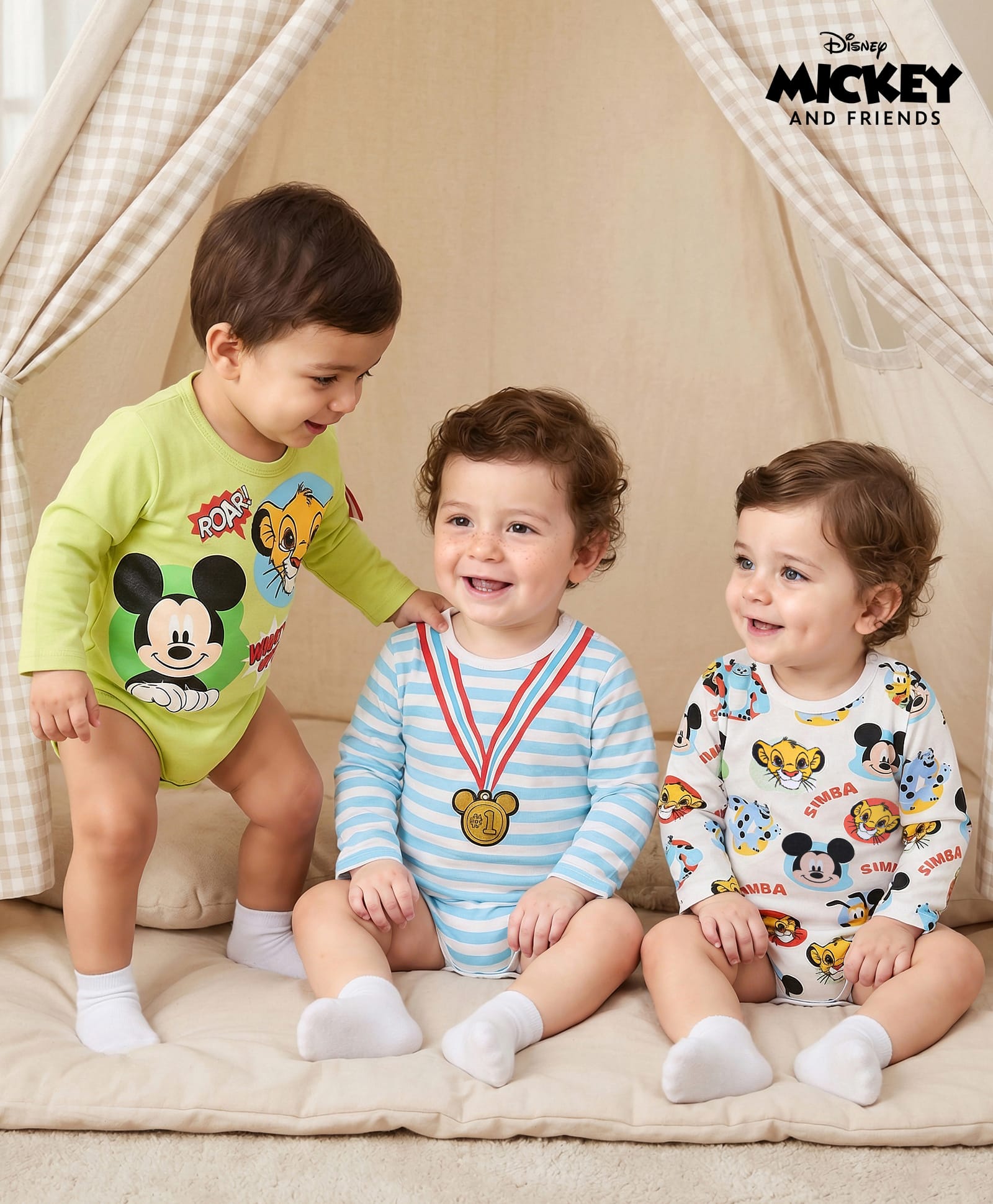 Babyhug Disney Interlock Knit Full Sleeves Onesies With Mickey Mouse Graphics Pack of 3 - Blue Green & White-picture-16