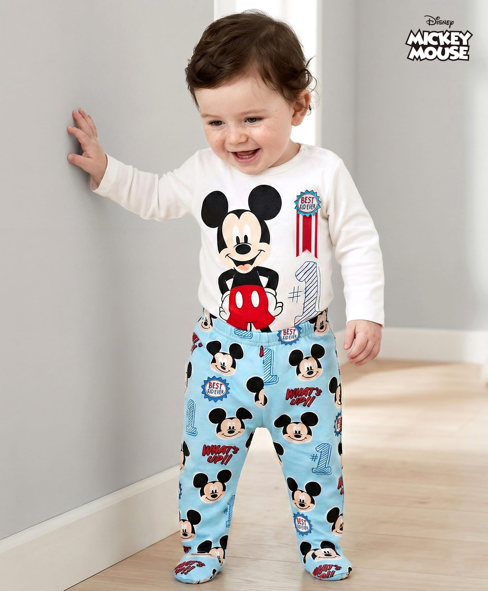 Babyhug Disney Interlock Knit Full Sleeves Onesie Set With Diaper Leggings & Mickey Mouse Graphics Badge Applique - White-image-2