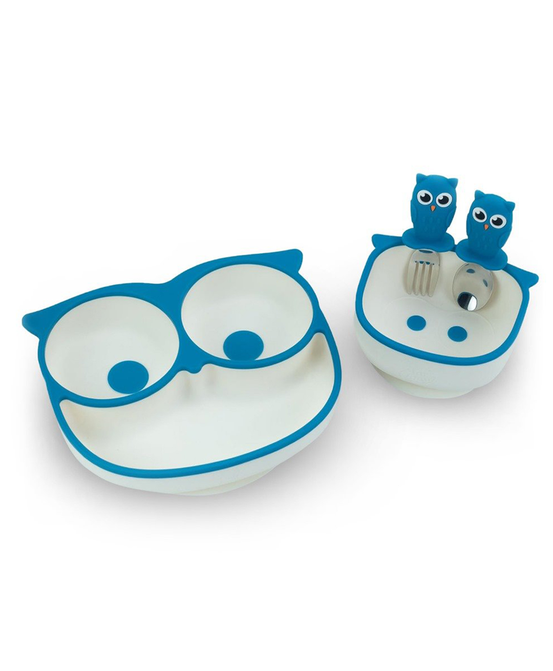 StarKiddo 'Owl' Silicone Plate and Bowl for Kids with Spoon & Fork|Baby-Led Self Feeding Stay Put Divided Feeding Weaning Plates Unbreakable | Non-Slip Suction Bowl (Blue)-image-48