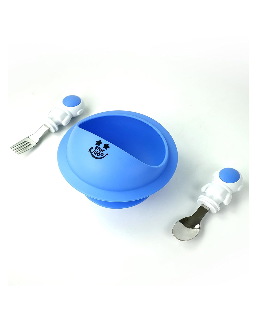 StarKiddo AstroGrip Silicone Bowl Set: Easy-Grip Feeding Spoon and Fork for Babies & Toddlers| Strong Suction| Microwave and Dishwasher Safe (Blue)-image-38