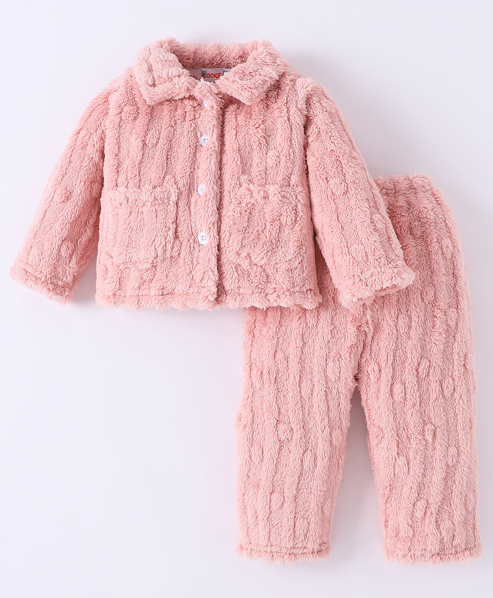 Kookie Kids Full Sleeves Winter Wear Night Suit With Pocket Detailing - Baby Pink-image-46
