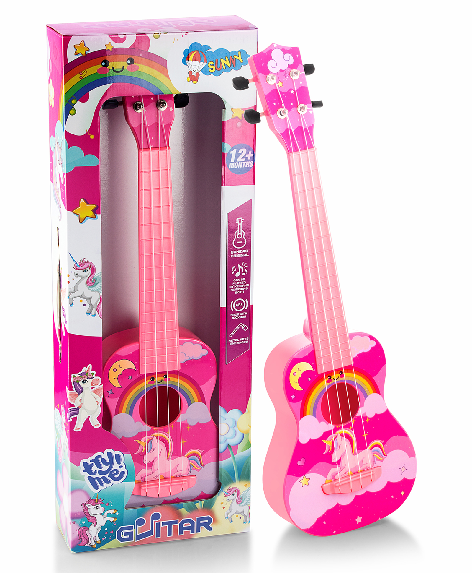 Sunny Unicorn Print Musical Guitar with 4 Strings - Pink