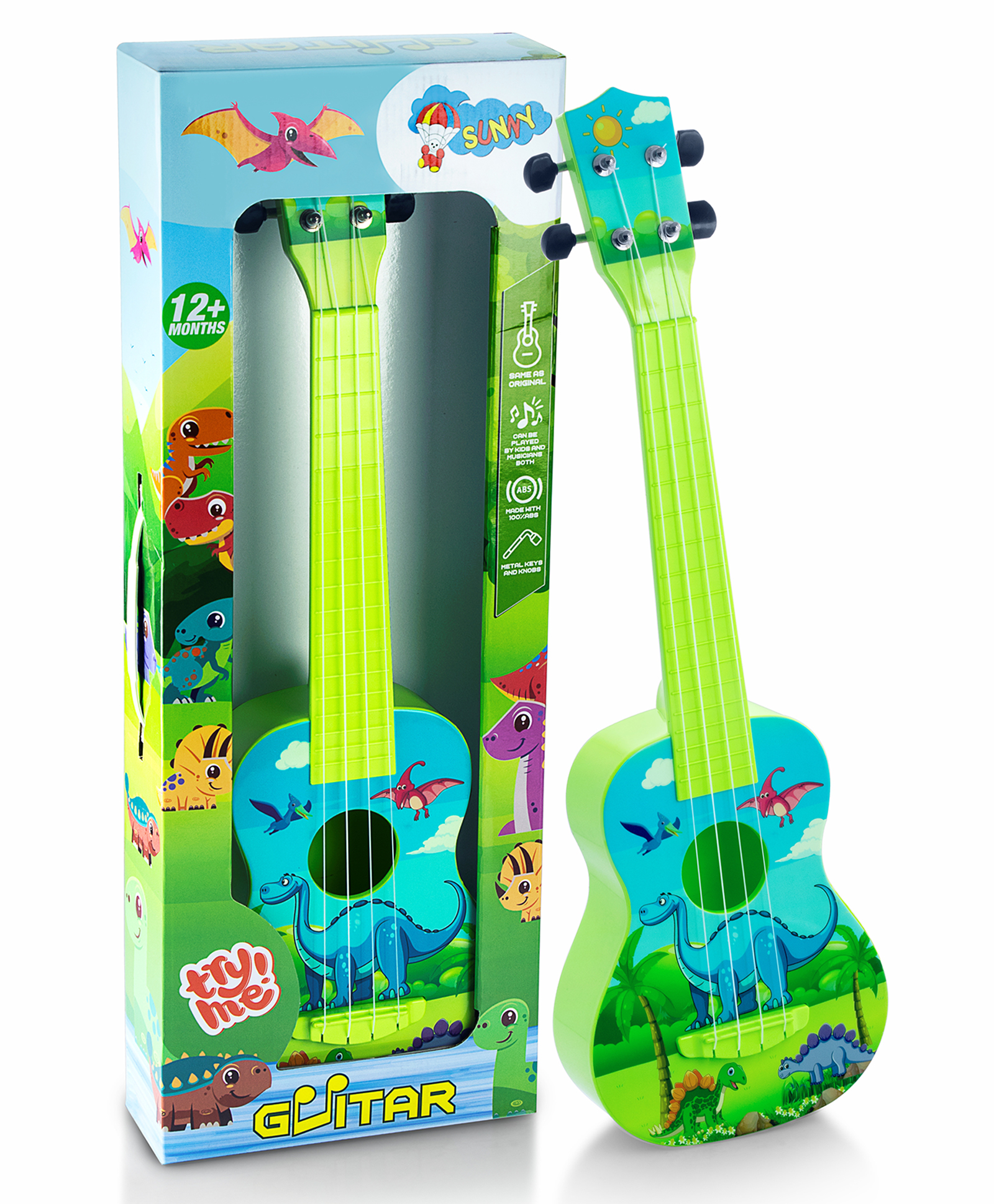 Sunny Dino Print Musical Guitar with 4 Strings - Green