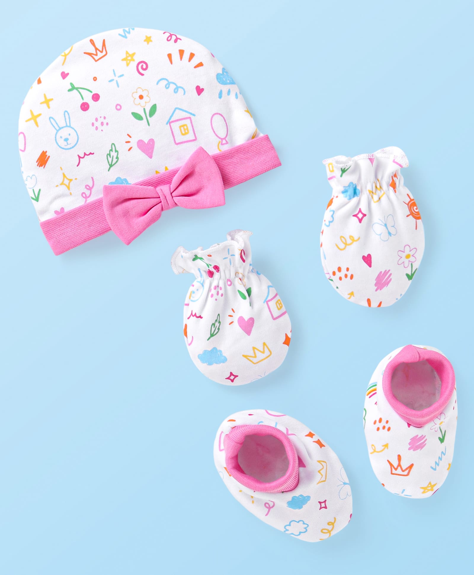 Babyhug 100% Cotton Knit Cap Mittens & Booties With Bow Applique Pink & White - Diameter 10.5 cm-image-13
