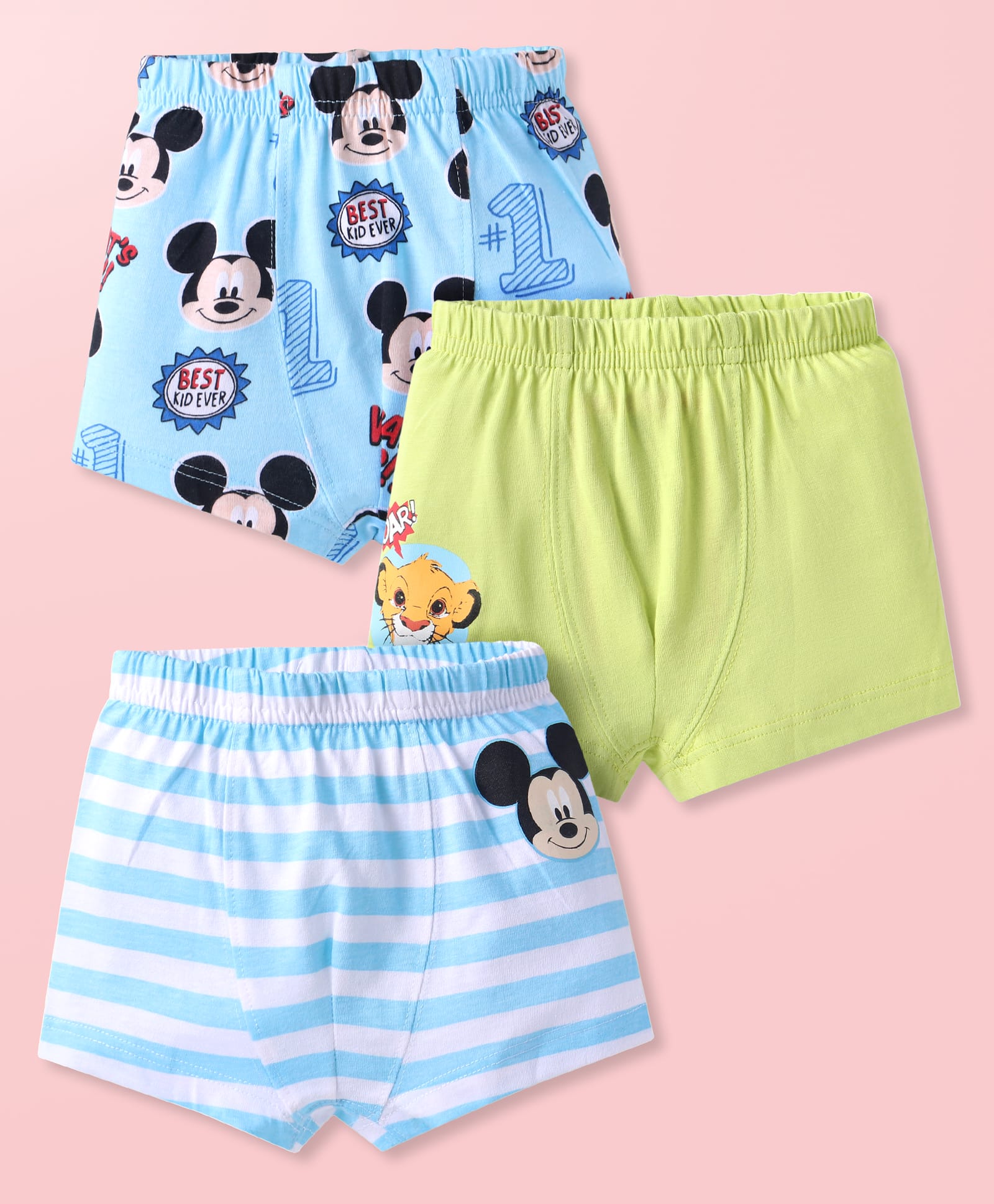 Babyhug Disney Lycra Knit Striped Mickey Mouse & The Lion King Printed Trunks Pack of 3 - Light Blue & Green-image-8
