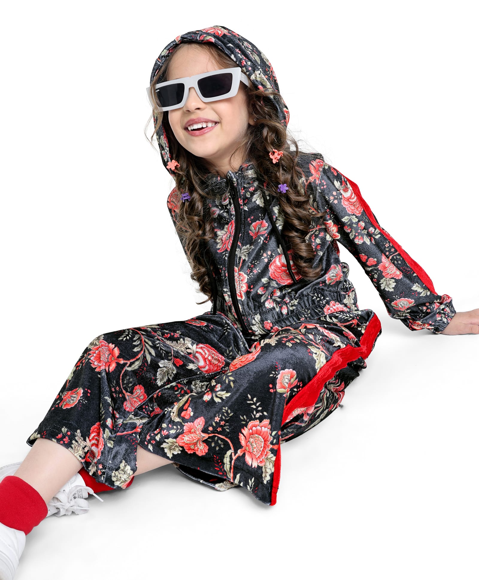 Ollington St. Woven Full Sleeves Floral Printed Winter Wear Hoodie & Culotte Pant Co-Ords Set-Charcol Grey & Red-image-10