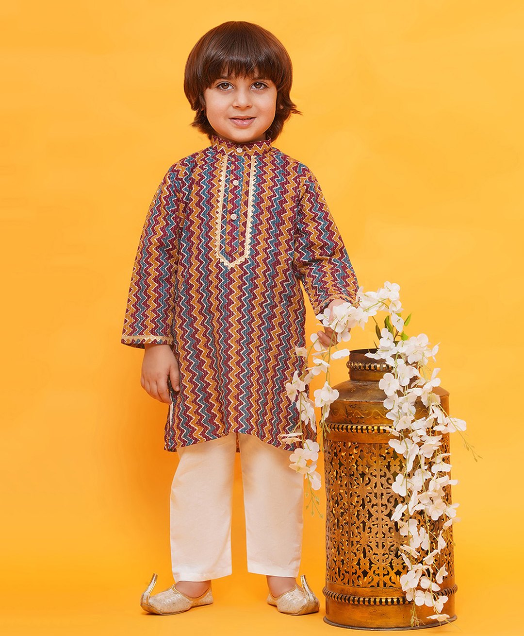 AJ Dezines Pure Cotton Full Sleeves Abstract Printed & Lace Embellished Kurta Pyjama Set - Multi Colour-picture-32