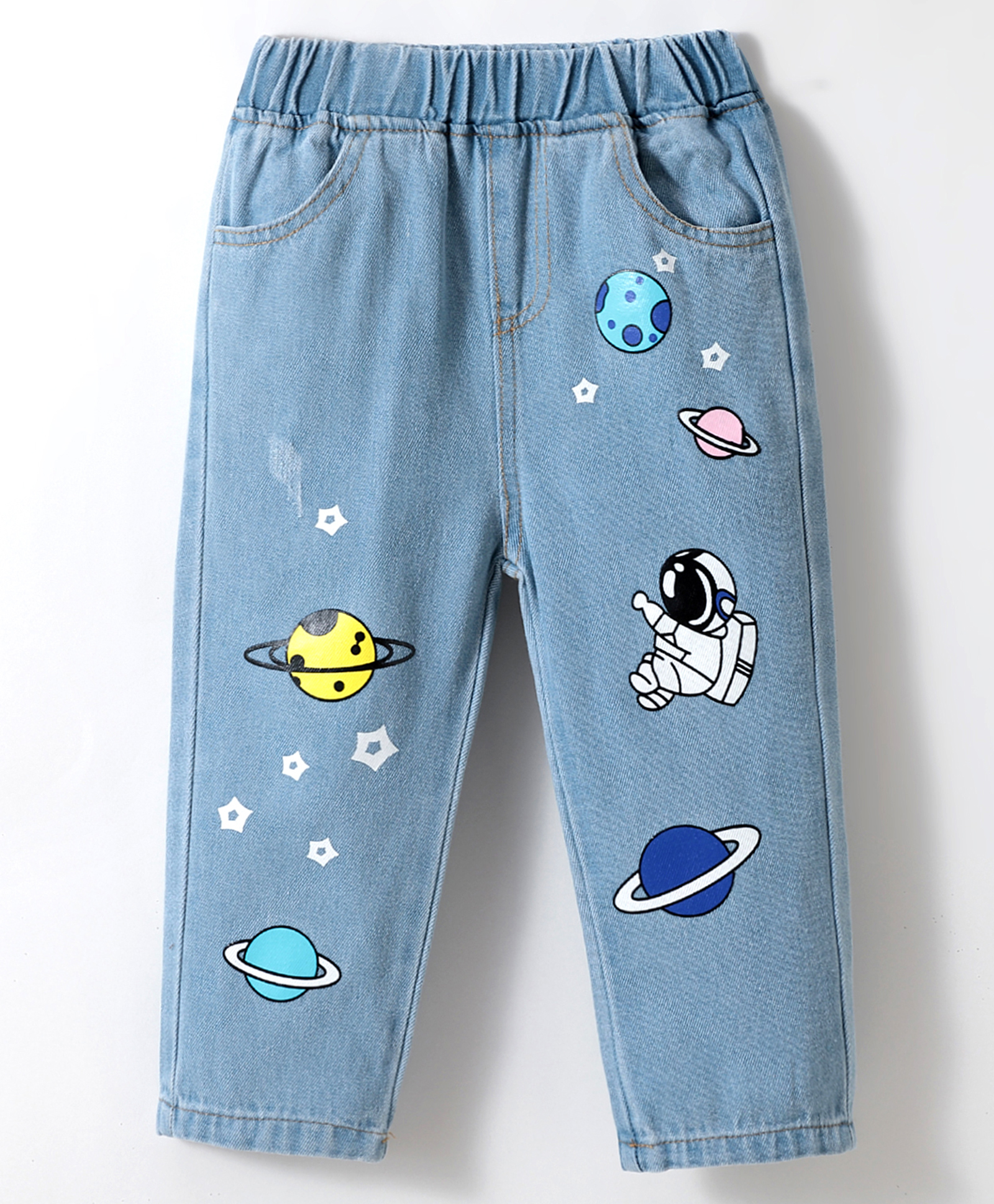 Kookie Kids Full Length Denim Jeans with Space Print - Blue-picture-23