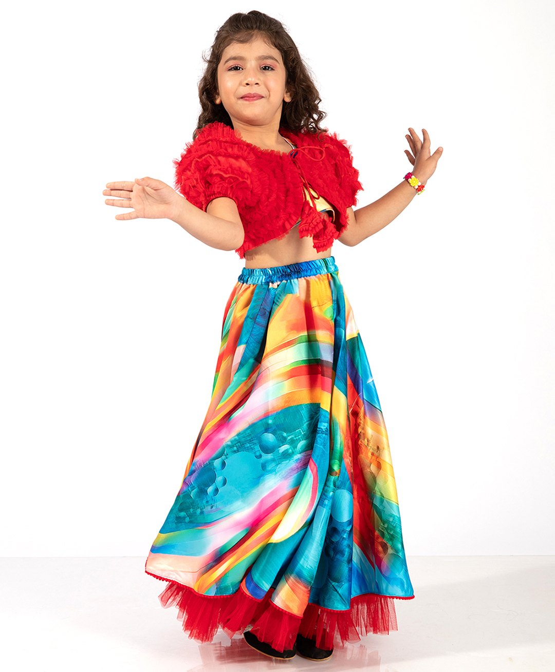 Elaisha Abstract Printed Lehenga Choli With Half Sleeves Bolero Jacket - Red & Multicolour-picture-13