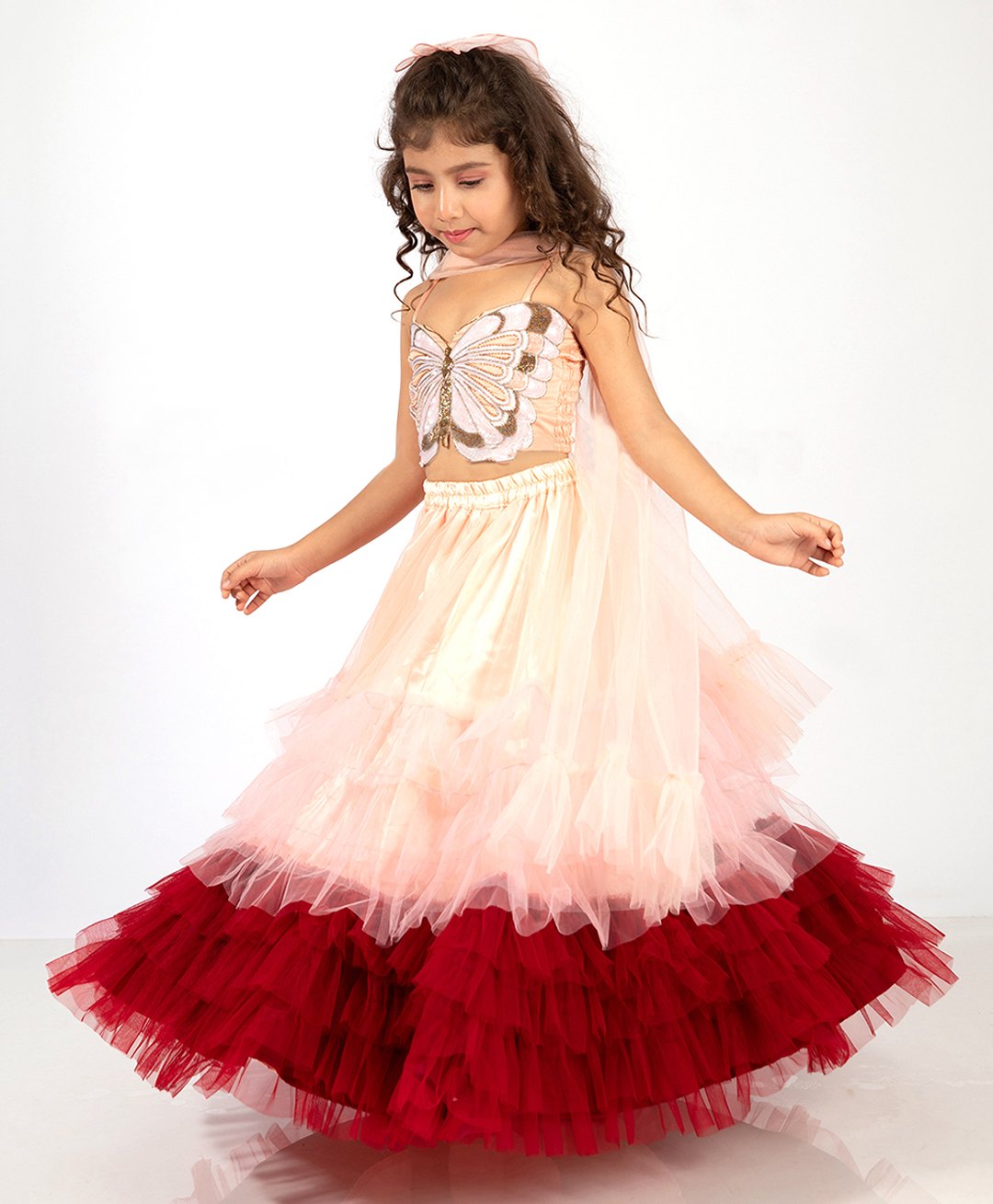 Elaisha  Sleeveless Butterfly Detailed  Top With Gradient Tiered Net Skirt Set - Peach & Maroon-image-20