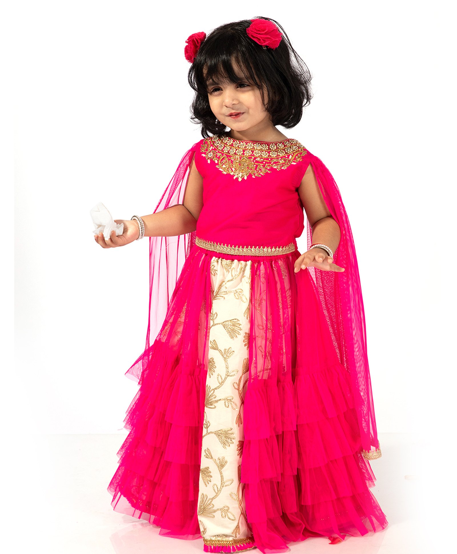 Elaisha Draped Sleeves Sequin Embroidered & Lace Embellished Top With Underlay Ruffled Skirt - Pink & Off White-image-12