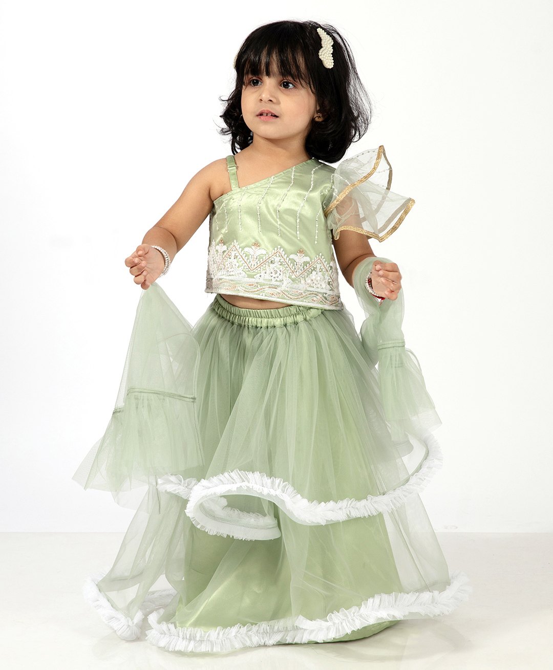 Elaisha Sleeveless Sequin Embroidered Top & Ruffled Edges Layered Net Skirt With Dupatta Set - Green-picture-23