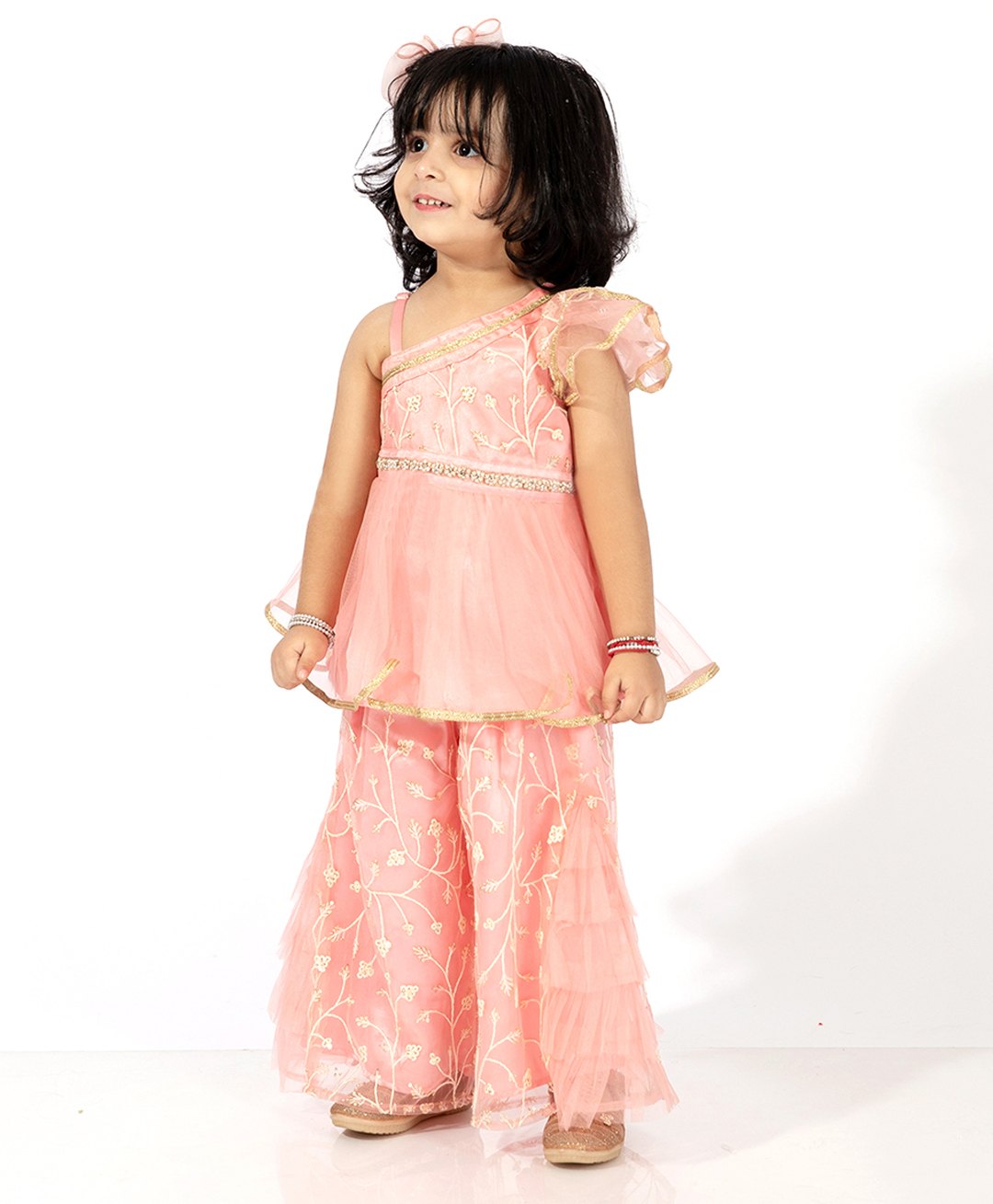 Elaisha Sleeveless Sequin & Lace Embellished Peplum Top With Ruffled Detailed Sharara Pant Set - Peach-image-30