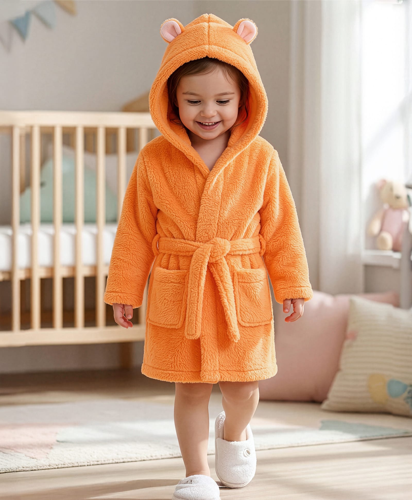 Babyhug Velour  Knit Full Sleeves Hooded Bath Robe With Ear Flaps - Orange-image-7