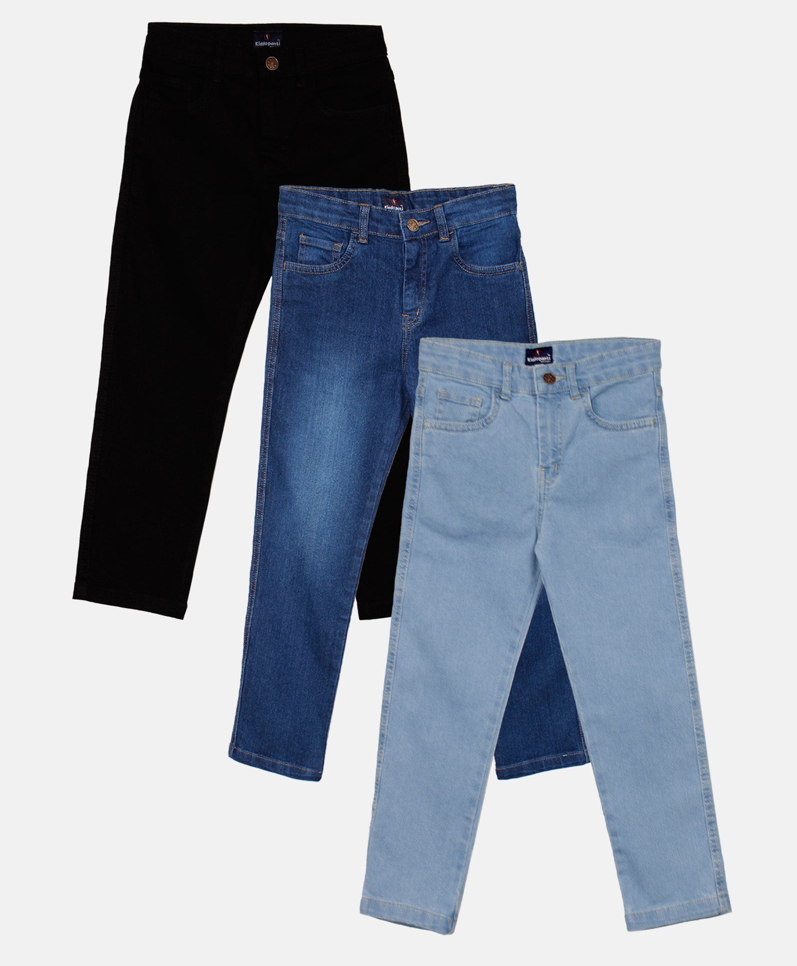 Kiddopanti Pack Of 3 Full Length Solid & Washed Stretchable Denim Jeans - Black Blue & Light Blue-picture-13