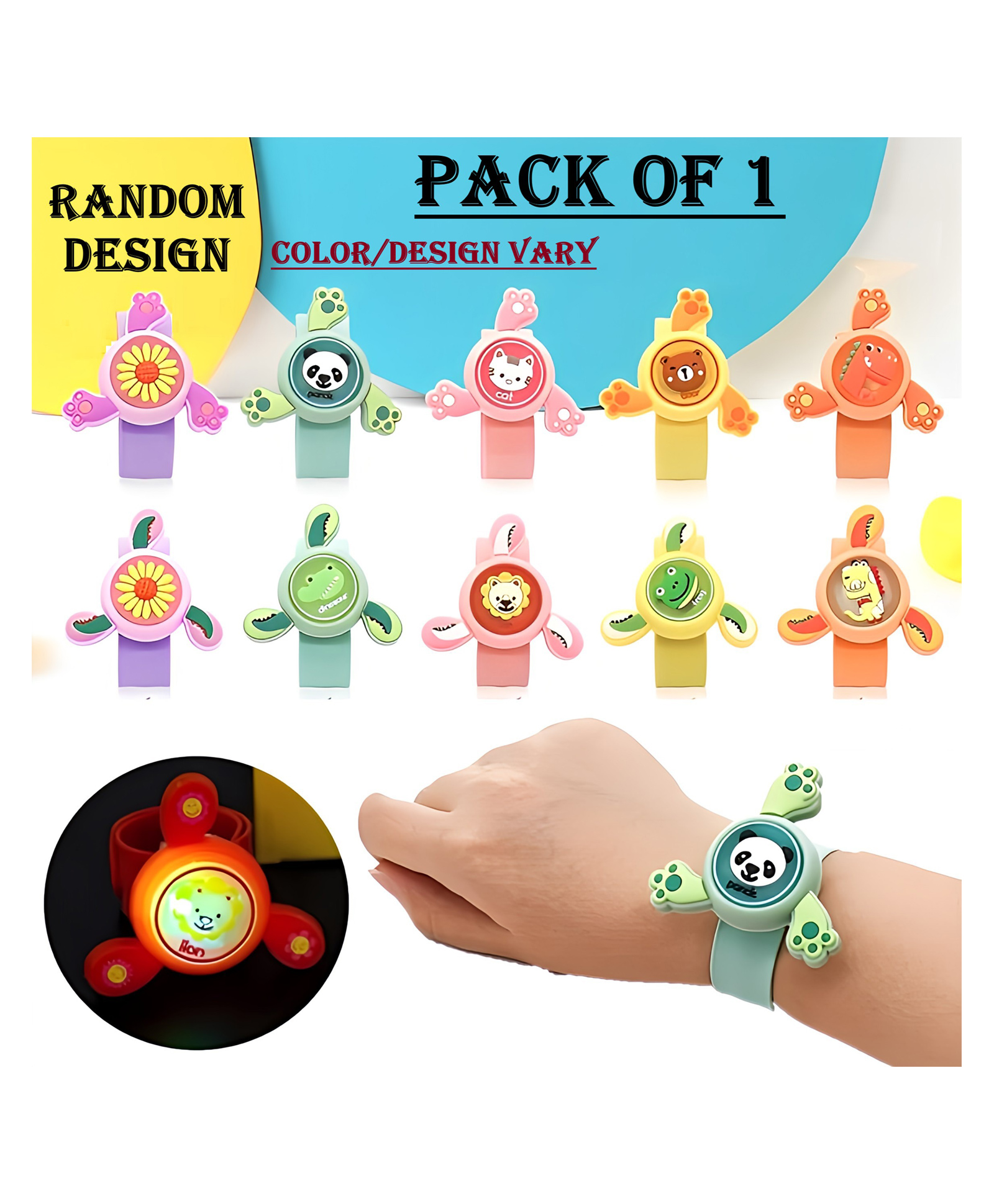 ADKD Kids Spinning Slap Wrist Band for Boys and Girls Cute Cartoon Bracelet Wrist Band with LED Light Up, Great Gift Toys for Kids - Pack of 1 (Color & Design May Vary)