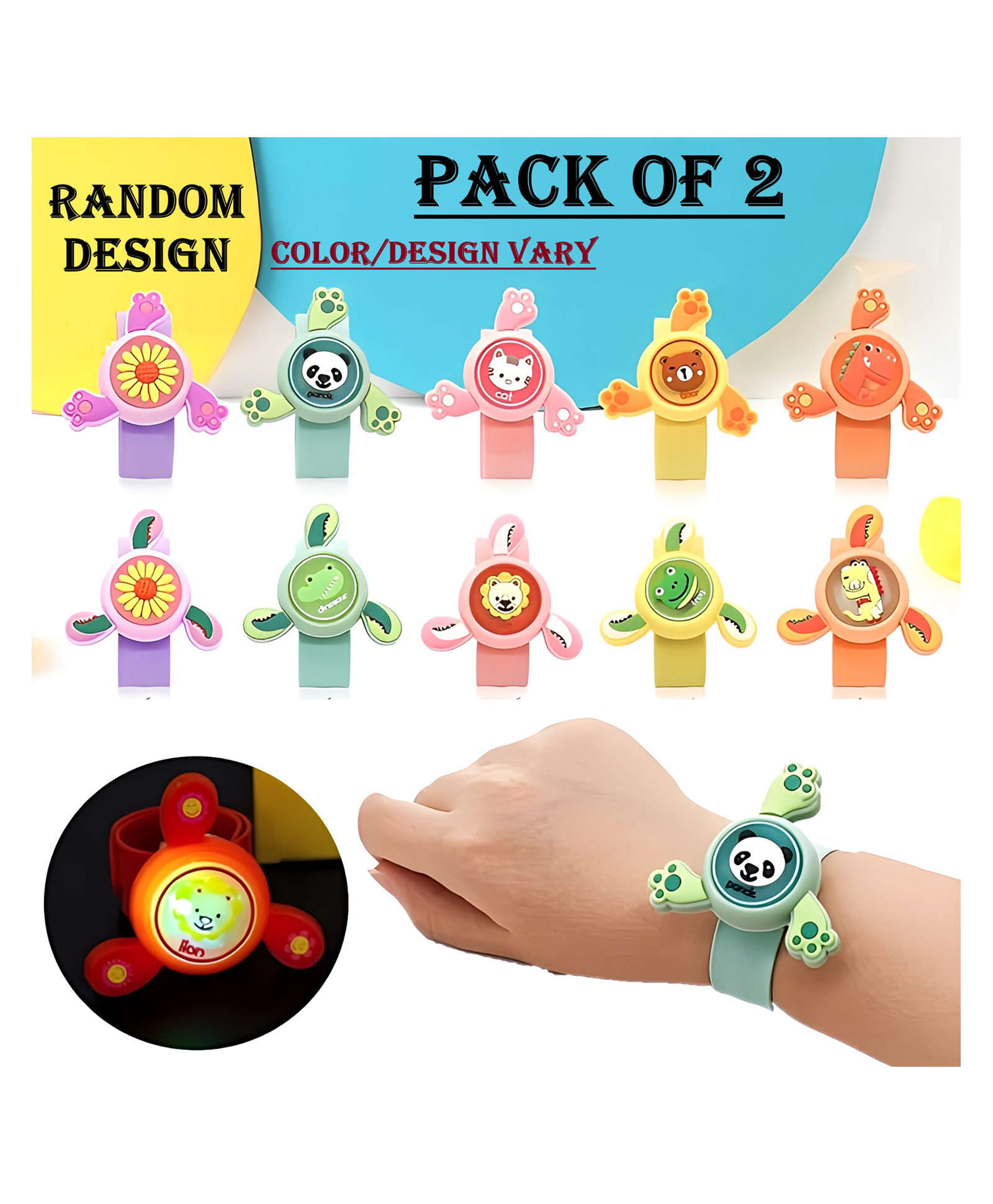 ADKD Kids Spinning Slap Wrist Band for Boys and Girls Cute Cartoon Bracelet Wrist Band with LED Light Up, Great Gift Toys for Kids - Pack of 2 (Color & Design May Vary)