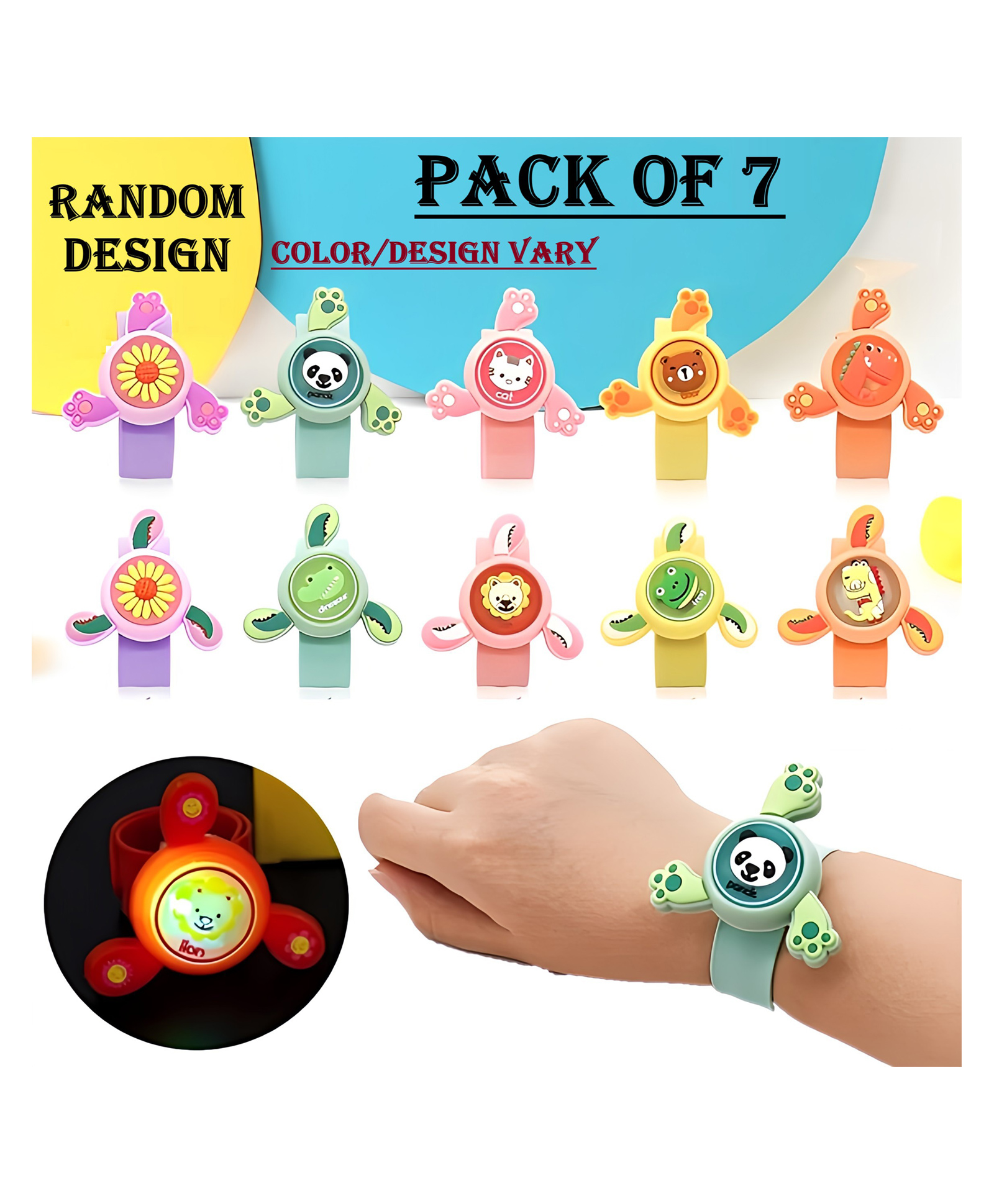 ADKD Kids Spinning Slap Wrist Band for Boys and Girls Cute Cartoon Bracelet Wrist Band with LED Light Up, Great Gift Toys for Kids - Pack of 7 (Color & Design May Vary)-image-44