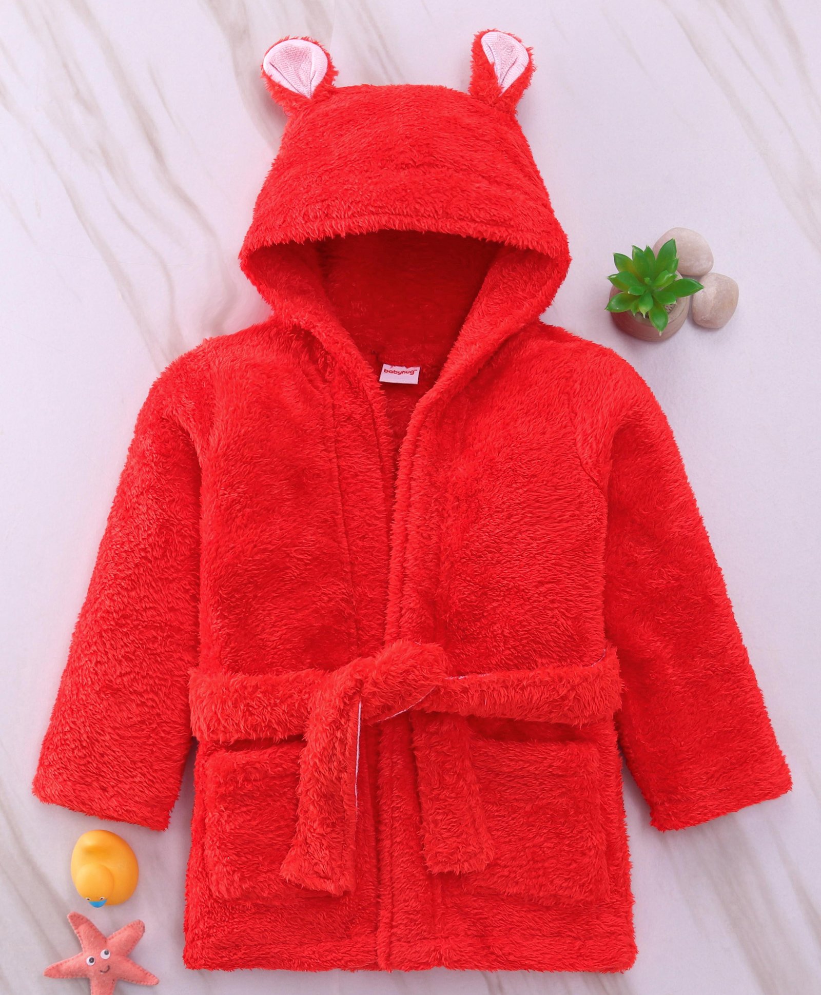 Babyhug Velour Cotton Knit Full Sleeves Hooded Bath Robe With Ear Flaps - Red-image-12