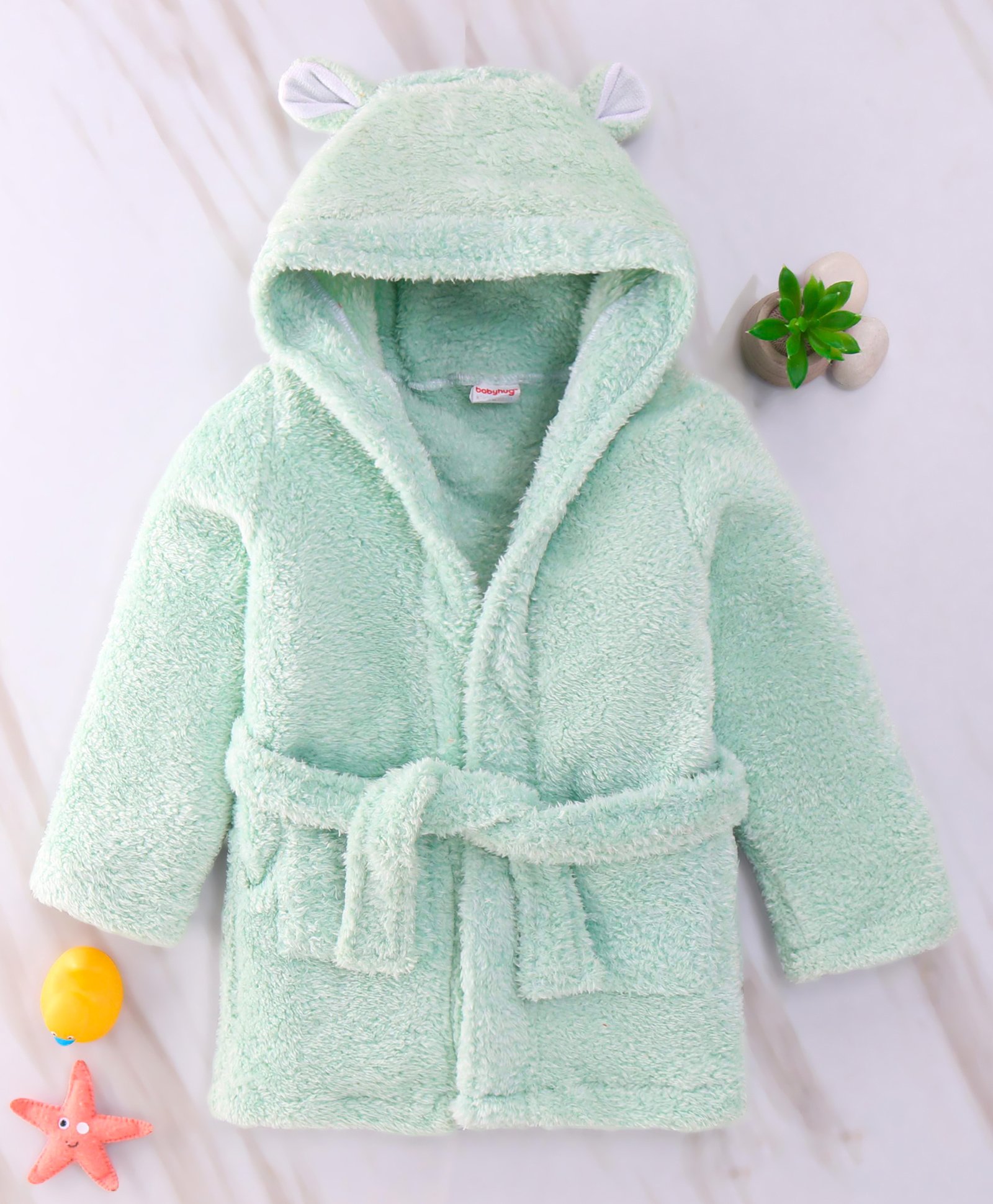 Babyhug VelourKnit Full Sleeves Hooded Bath Robe With Ear Flaps - Sea Green-image-29
