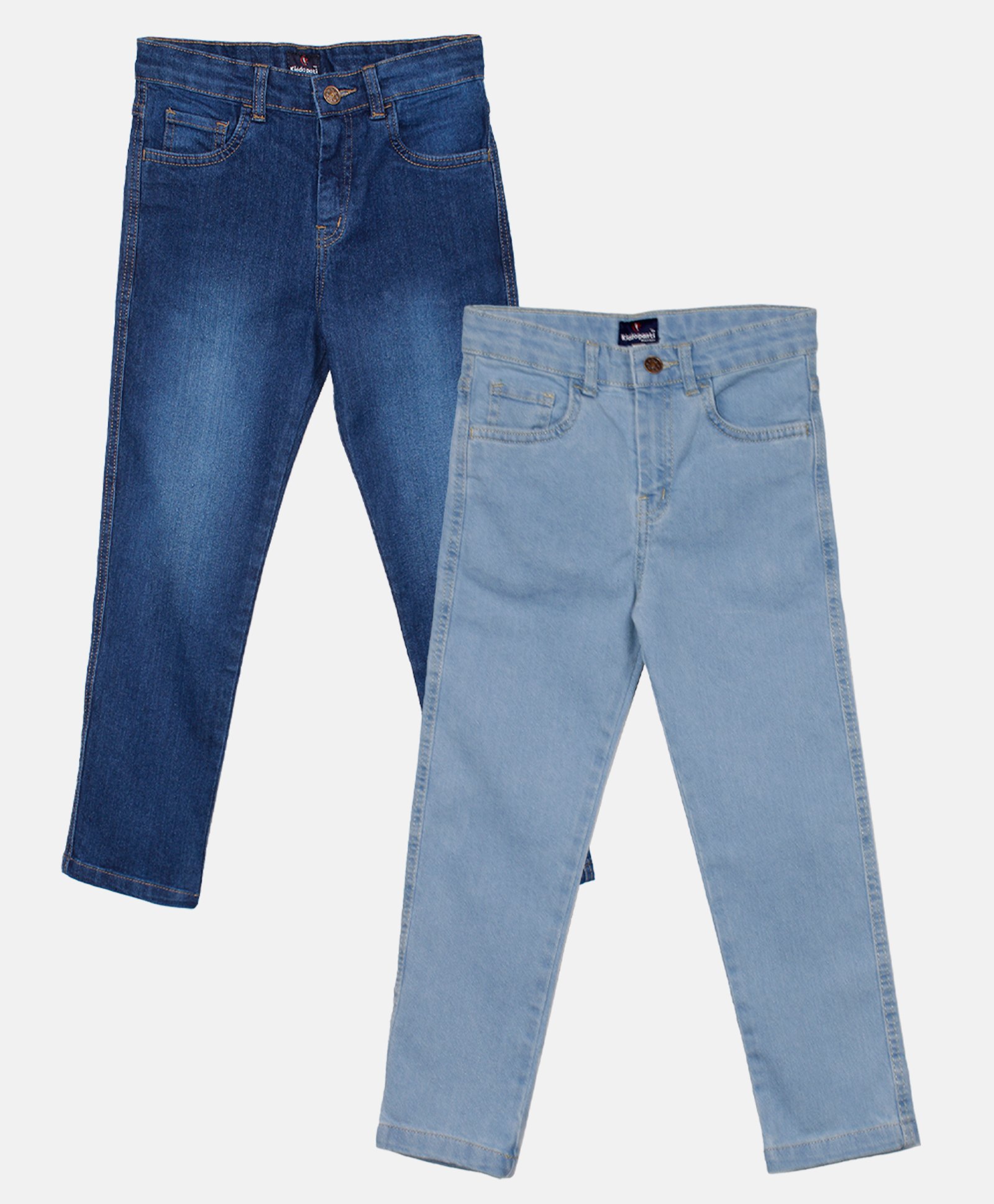 Kiddopanti Pack Of 2 Full Length Solid & Washed Stretchable Denim Jeans - Blue & Light Blue-picture-17