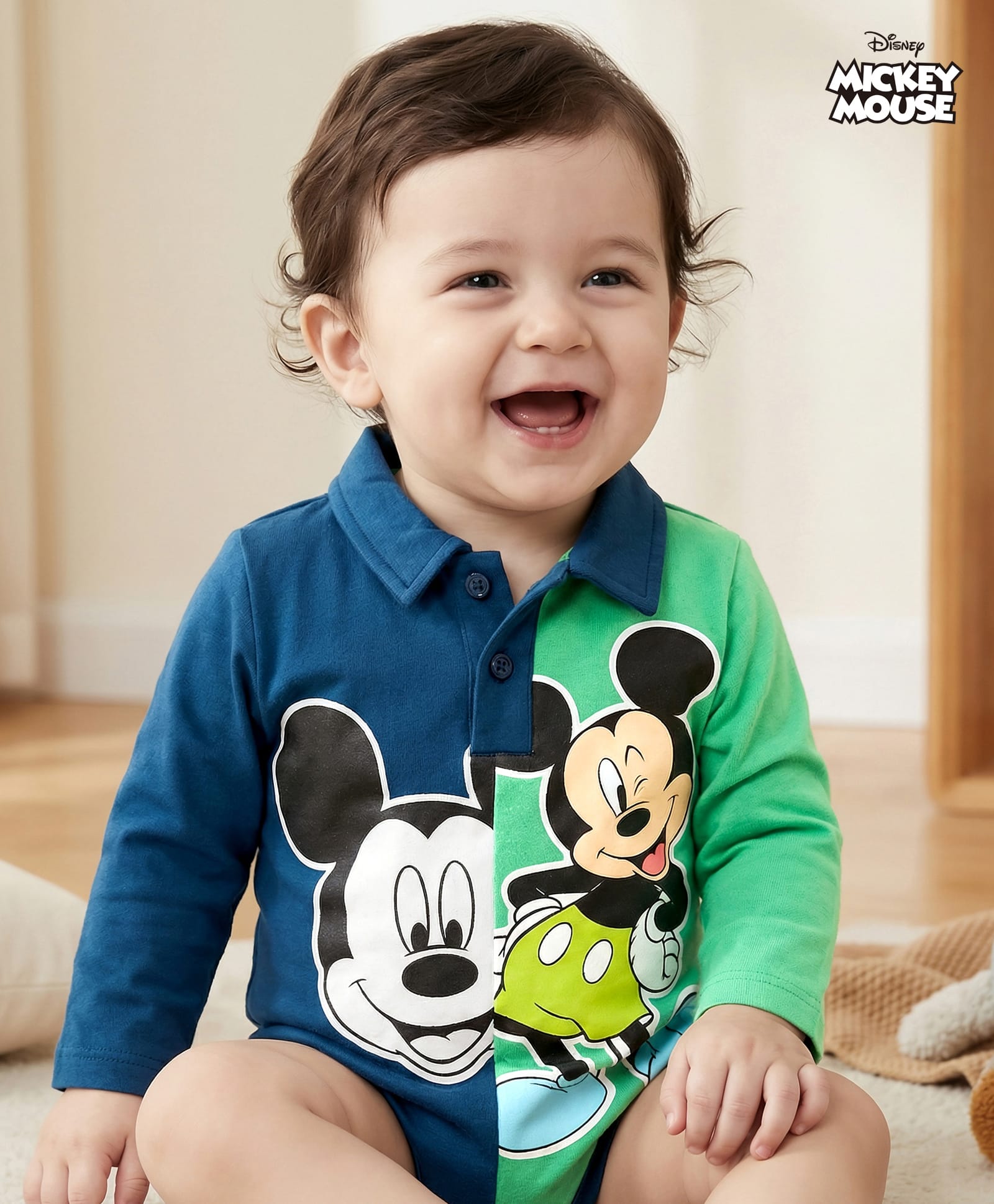 Babyhug Disney Interlock Knit Full Sleeves Onesie With Mickey Mouse Graphics - Navy Blue & Green-image-41