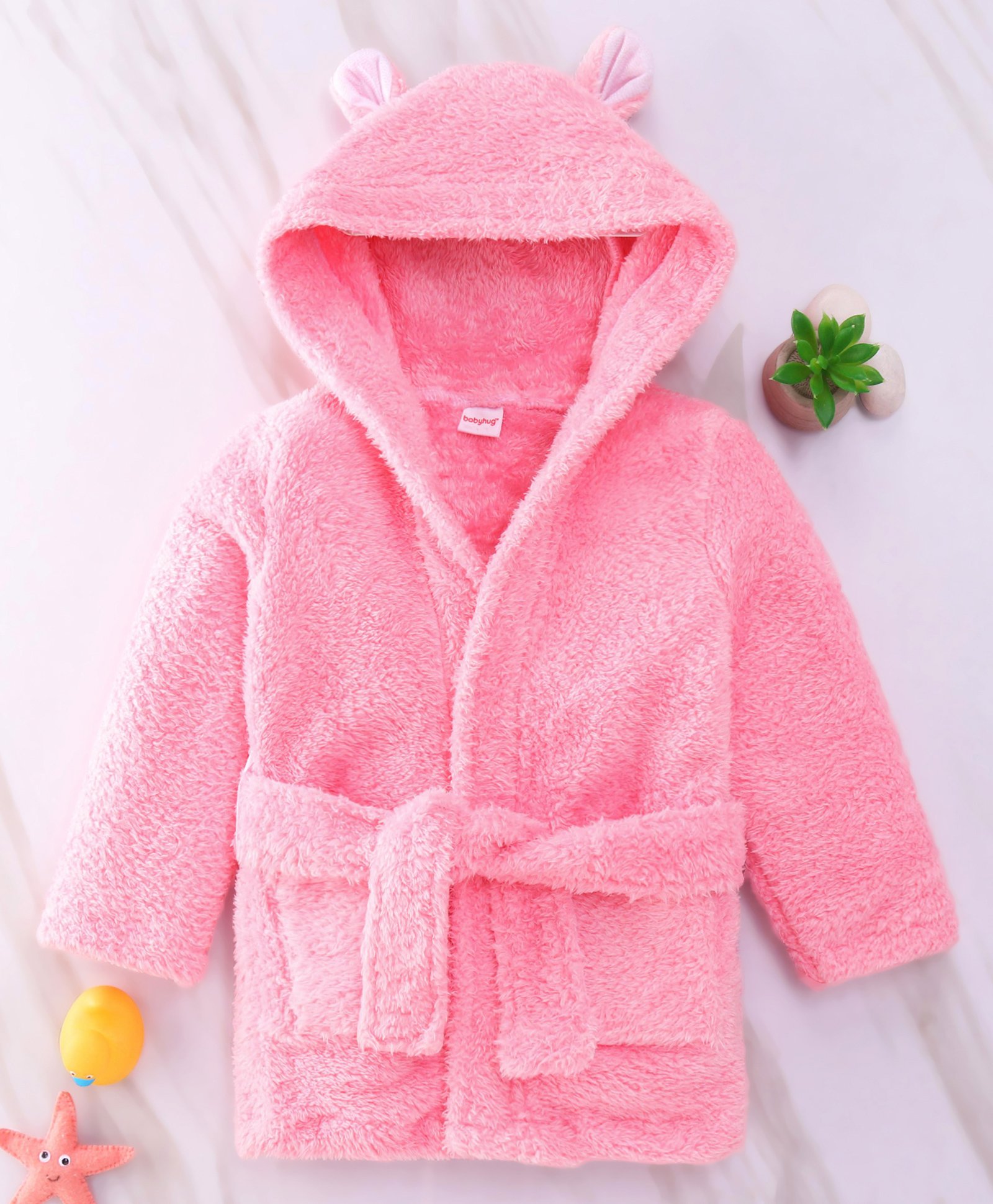 Babyhug Velour  Knit Full Sleeves Hooded Bath Robe With Ear Flaps - Pink-image-31