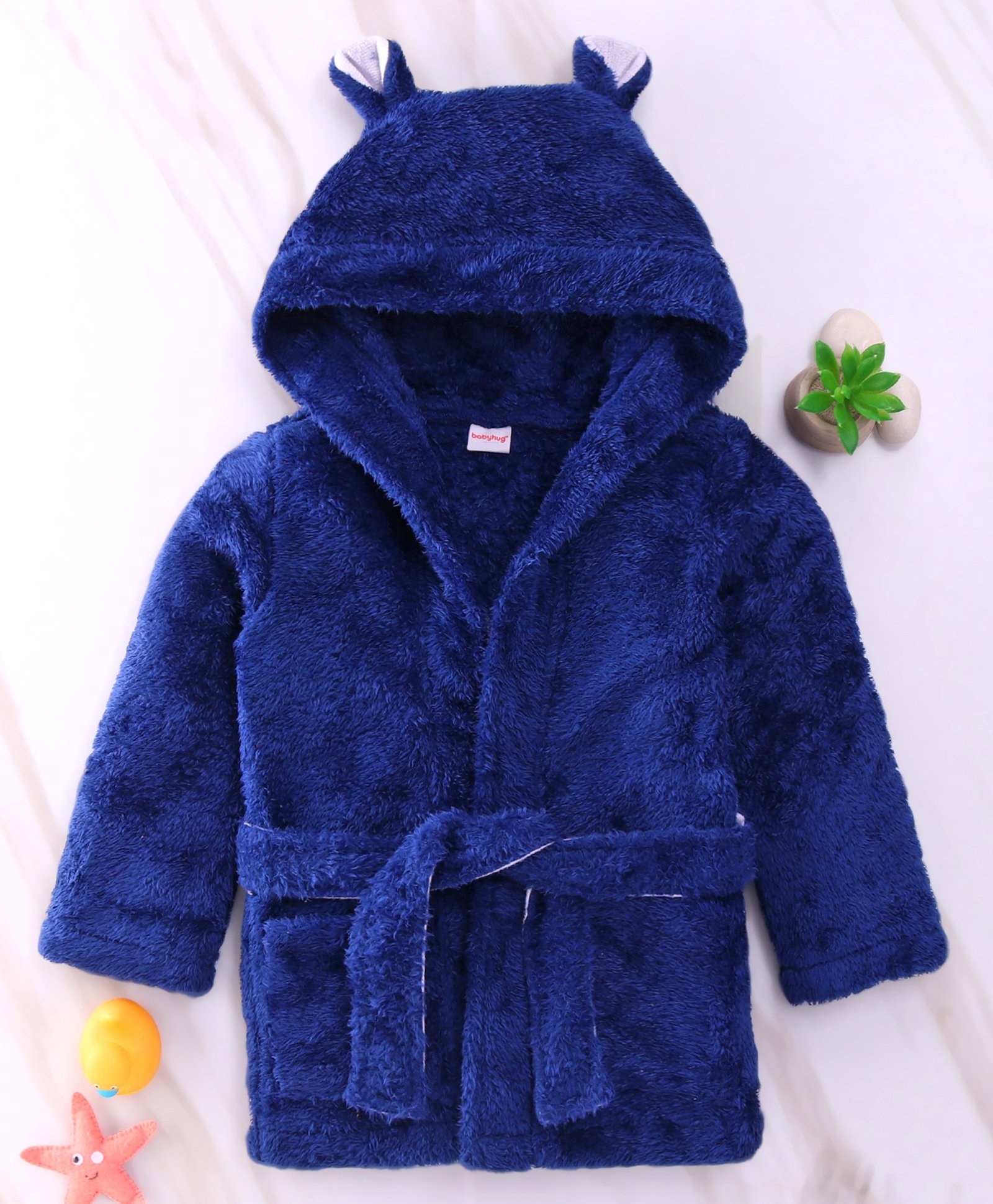 Babyhug Velour  Knit Full Sleeves Hooded Bath Robe With Ear Flaps - Navy Blue-image-1