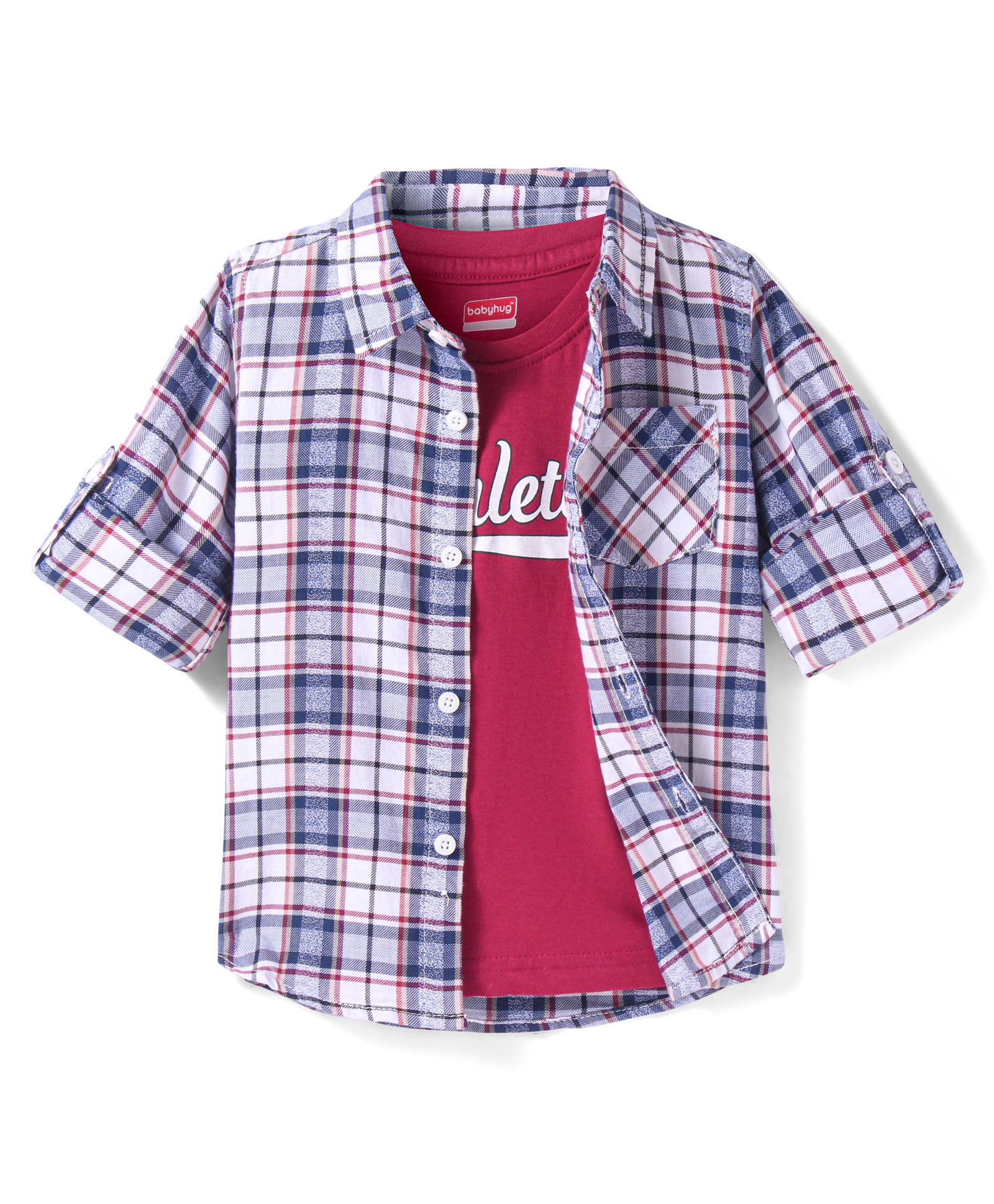 Babyhug Cotton Woven Full Sleeves Checkered Shirt with Text Print T-Shirt - Blue White & Red-image-6
