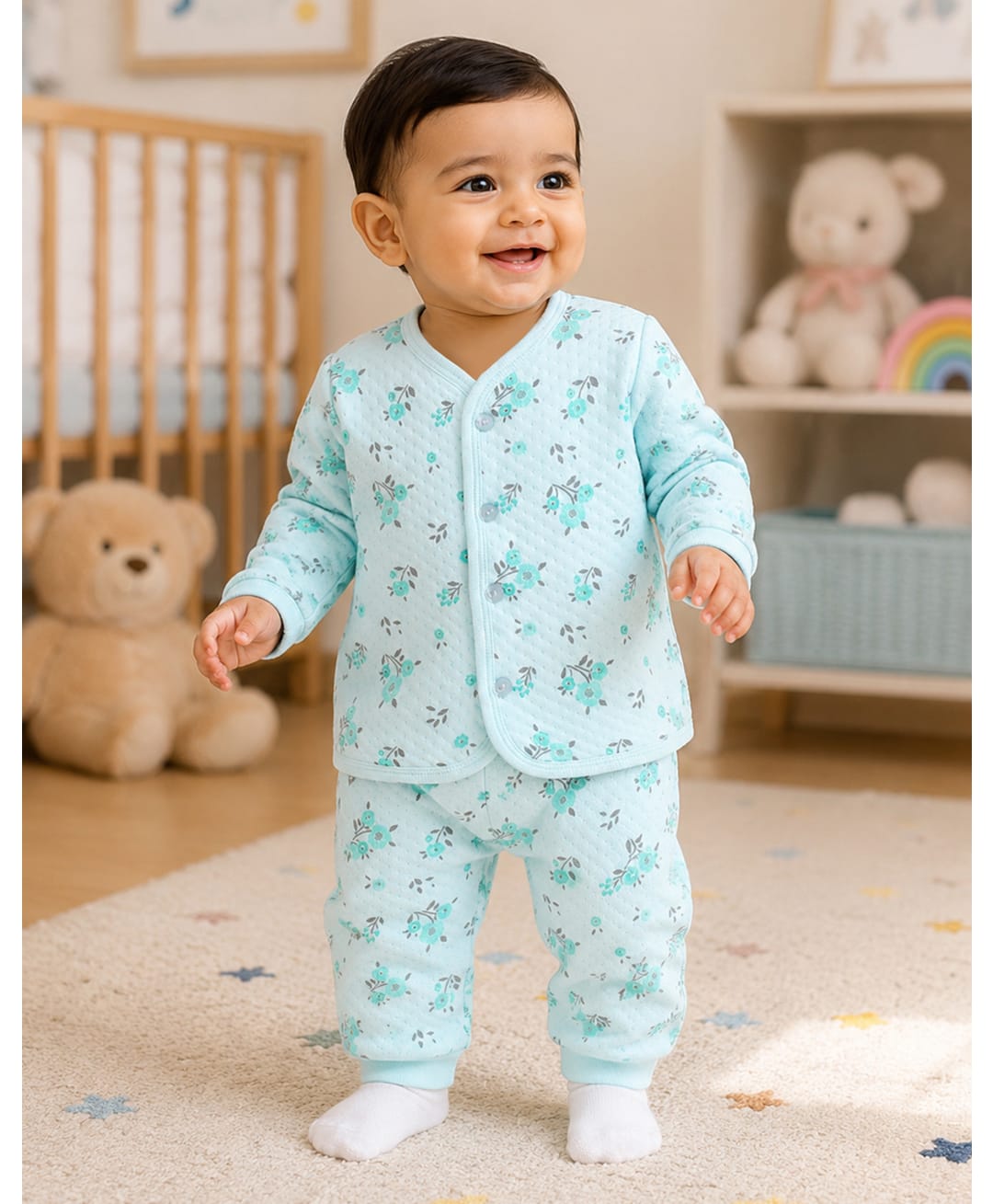 BUMZEE Full Sleeves Floral Printed Winter Wear Set - Mint-image-2