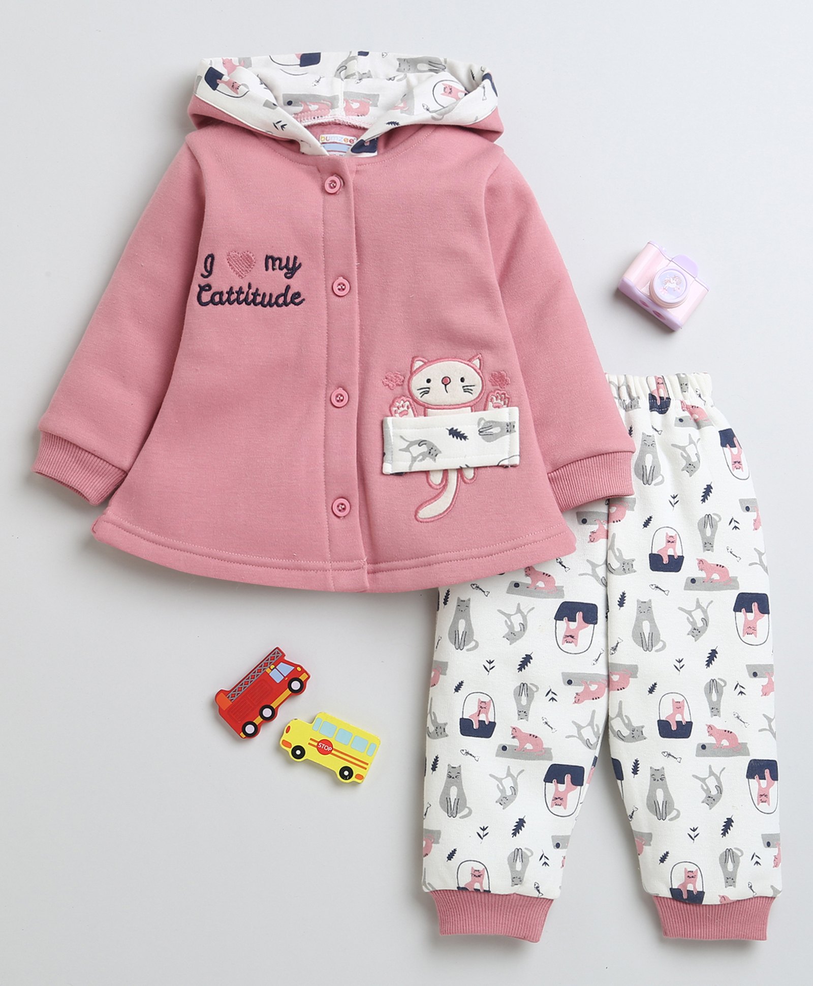 BUMZEE Fleece Full Sleeves Cat Printed Winter Wear Set - Pink & Off White-image-36