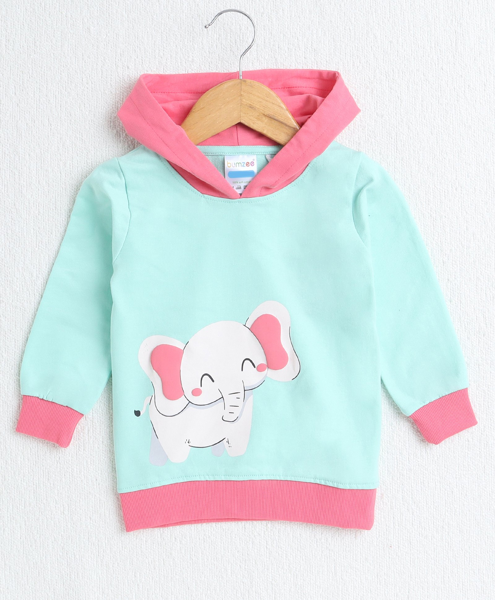 BUMZEE Cotton Looper Full Sleeves Elephant Printed Hooded Sweatshirt - Mint Green & Pink-image-43