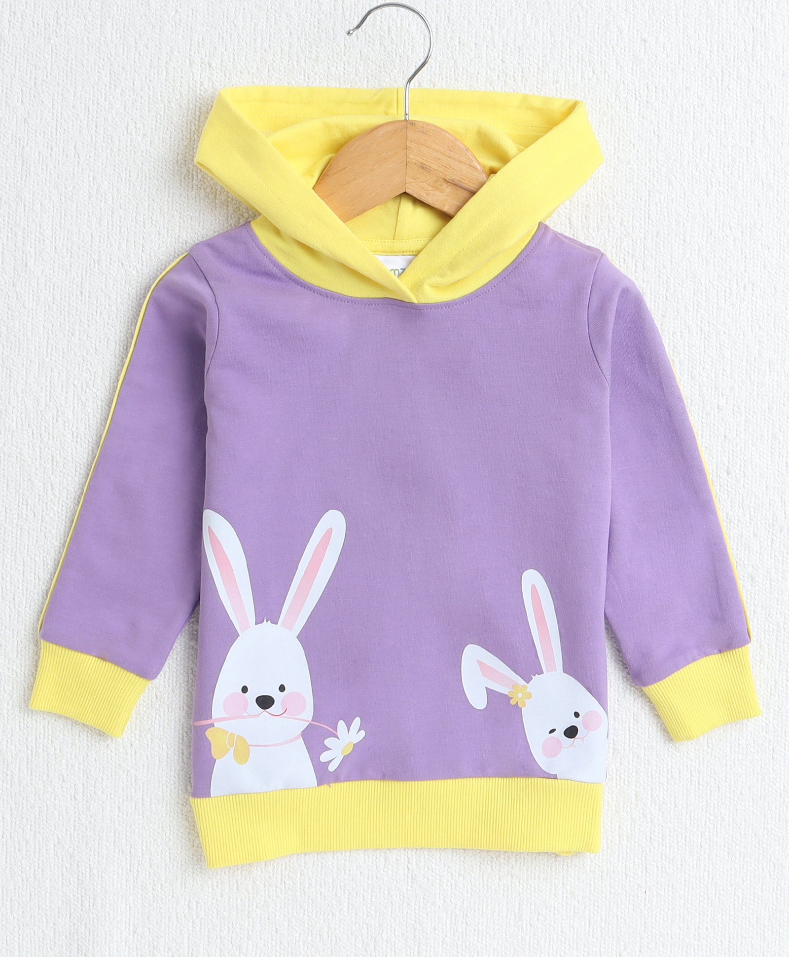 BUMZEE Cotton Looper Full Sleeves Rabbit Printed Hooded Sweatshirt - Lavender & Yellow-image-13