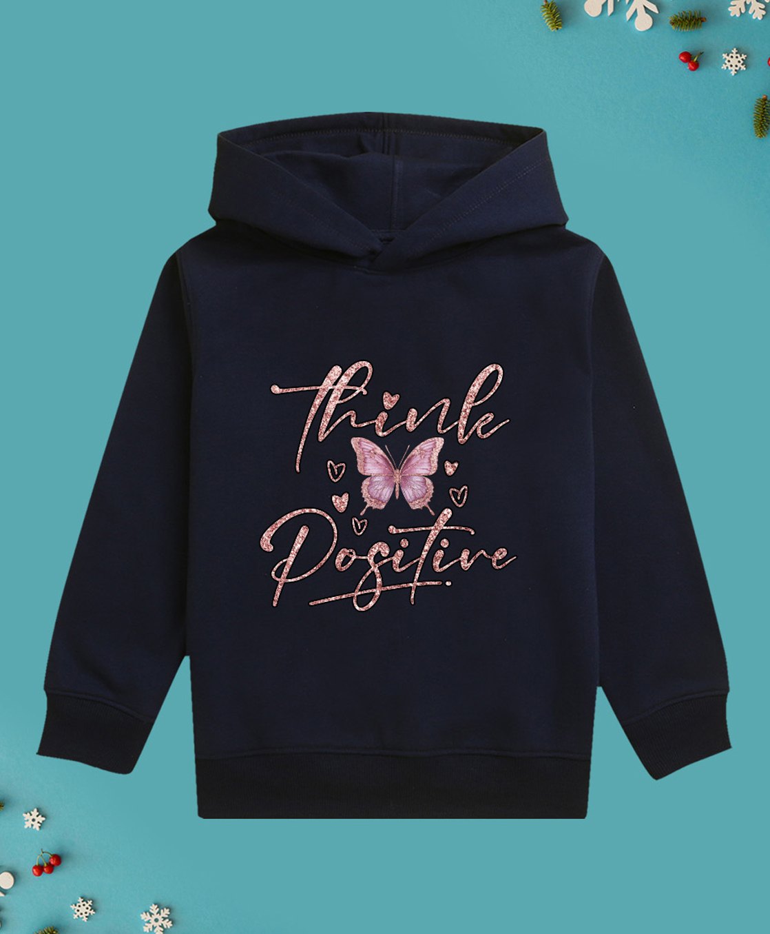 NUSYL Fleece Full Sleeves Shimmered Think Positive Text & Buttery Printed Hoodie - Navy Blue-picture-26