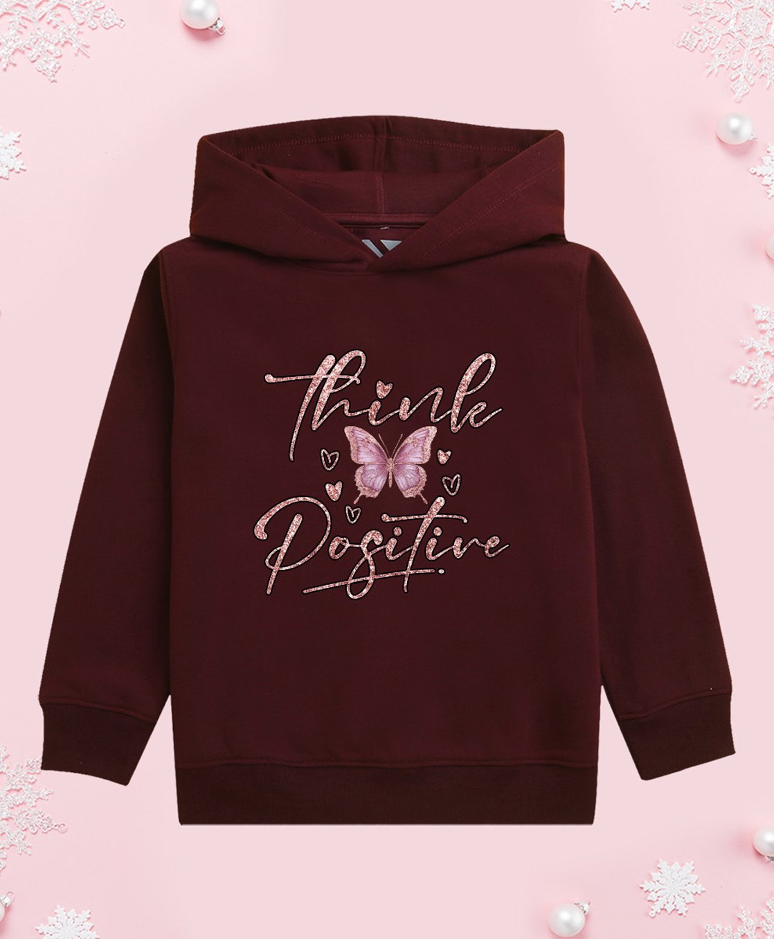 NUSYL Fleece Full Sleeves Shimmered Think Positive Text & Buttery Printed Hoodie - Burgundy-picture-36