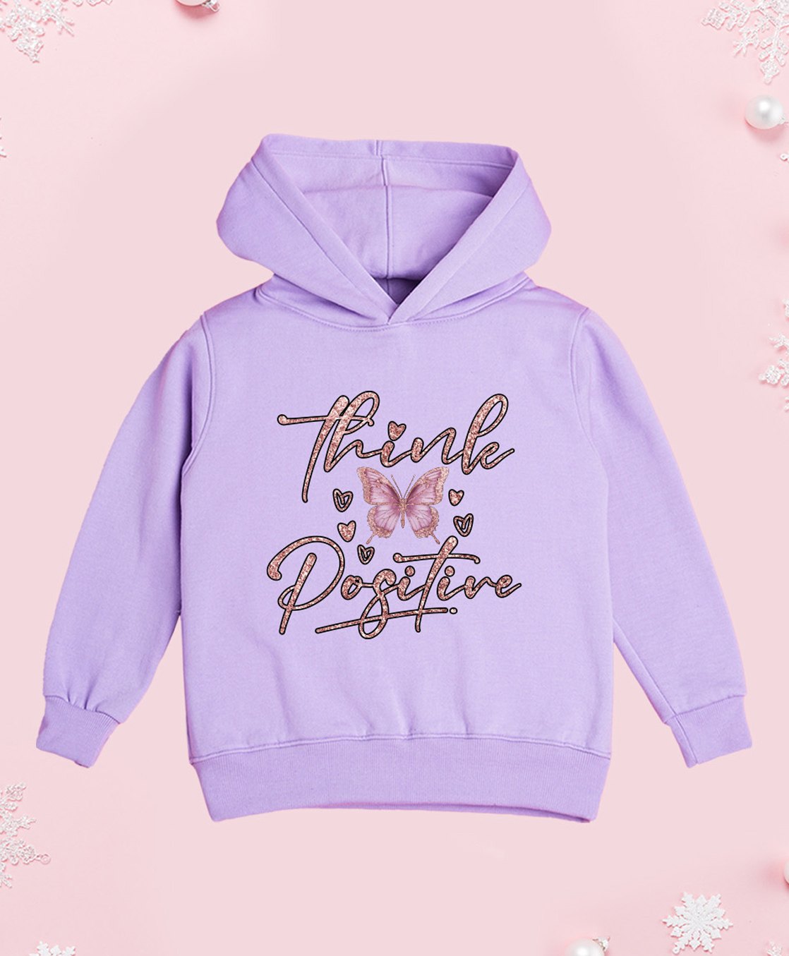 NUSYL Fleece Full Sleeves Shimmered Think Positive Text & Buttery Printed Hoodie - Lilac-picture-22