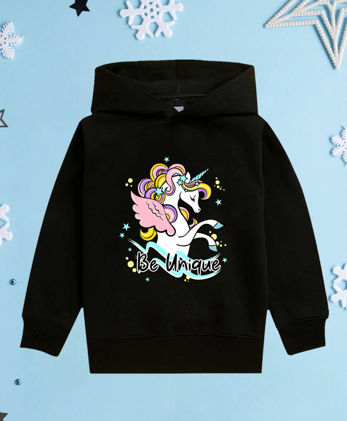 NUSYL Fleece Full Sleeves Unicorn & Be Unique Text Printed Hoodie - Black-picture-6