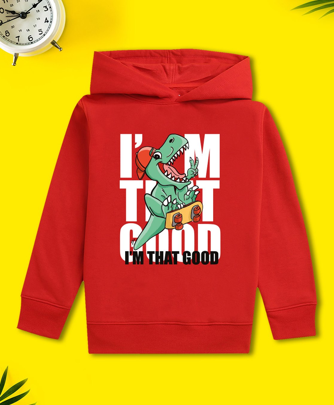 NUSYL Fleece Full Sleeves Dinosaur & Text Printed Hoodie - Red-picture-25