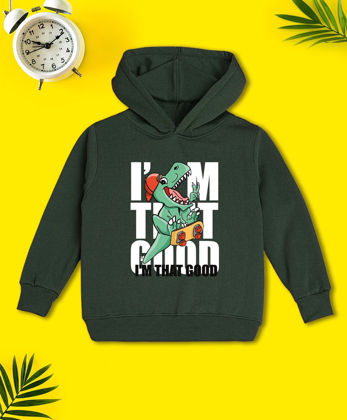 NUSYL Fleece Full Sleeves Dinosaur & Text Printed Hoodie - Olive Green-picture-37