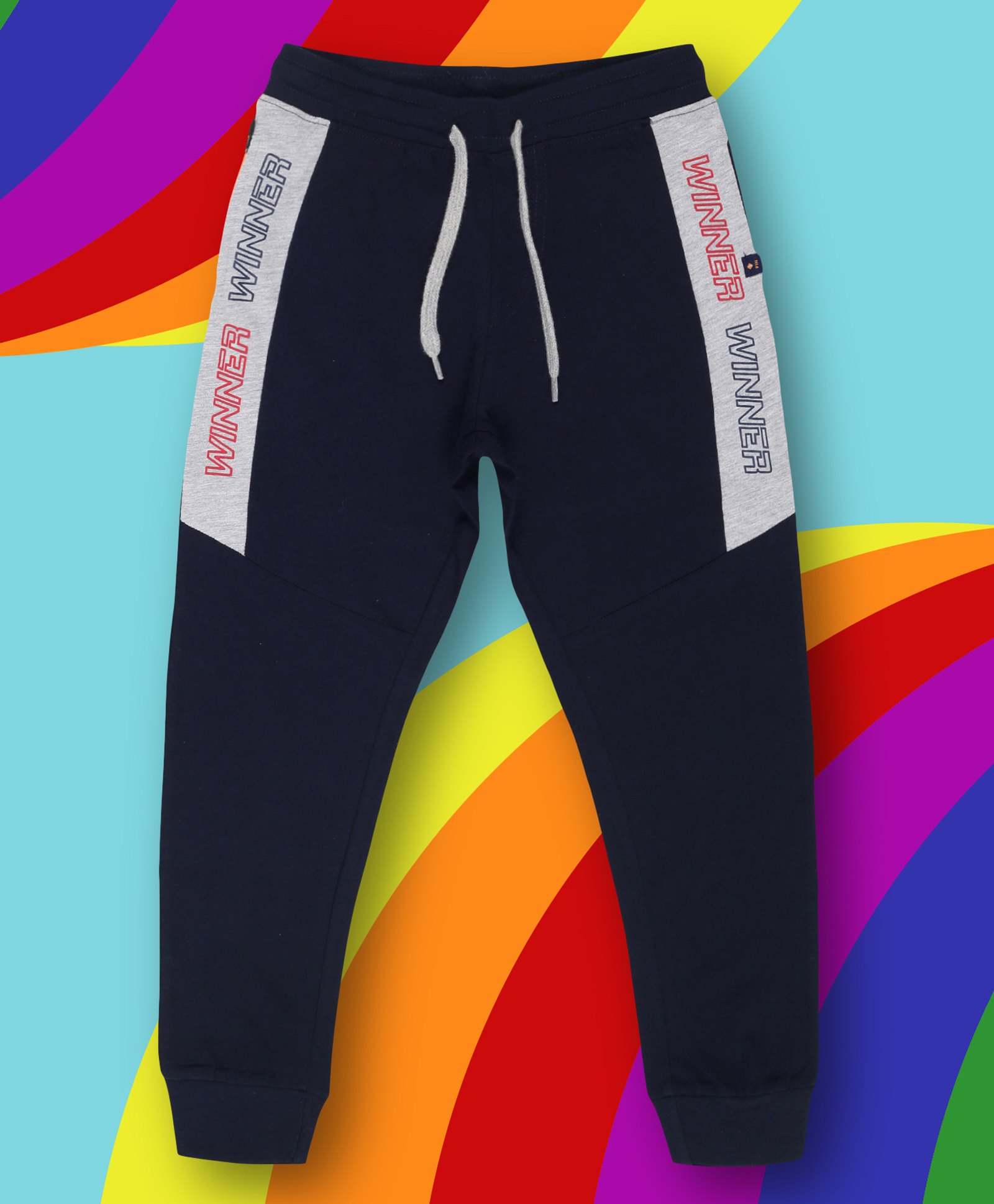 3PIN Cotton Cut & Sew With Winner Text Printed Joggers - Navy Blue-image-39